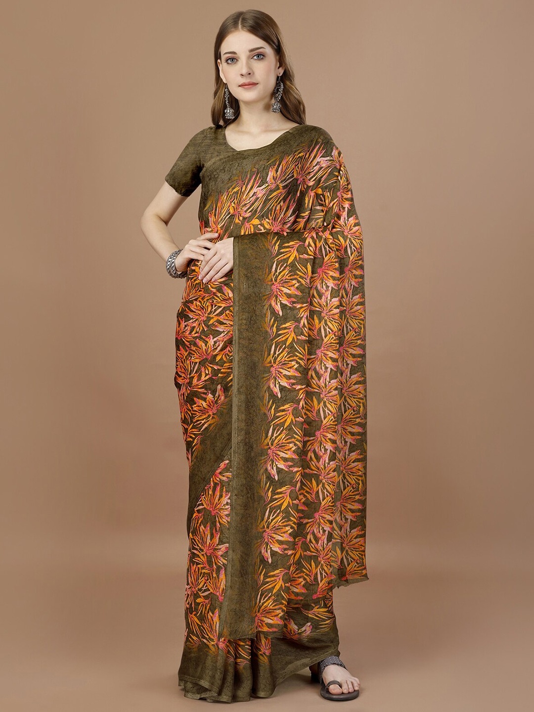 

KALINI Floral Printed Pure Chiffon Saree, Brown