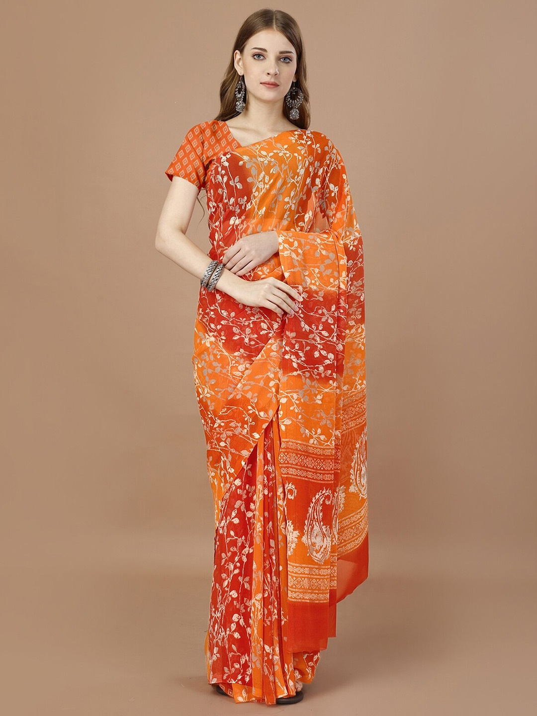 

KALINI Floral Printed Pure Georgette Saree, Red
