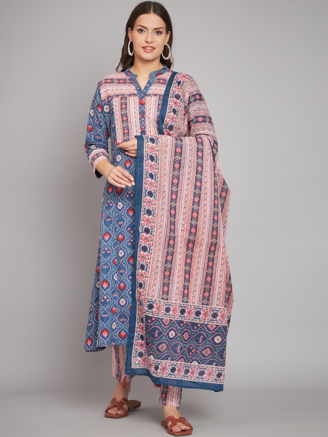 

RANGMAYEE Ethnic Motifs Printed Pure Cotton Kurta With Trousers & Dupatta, Blue