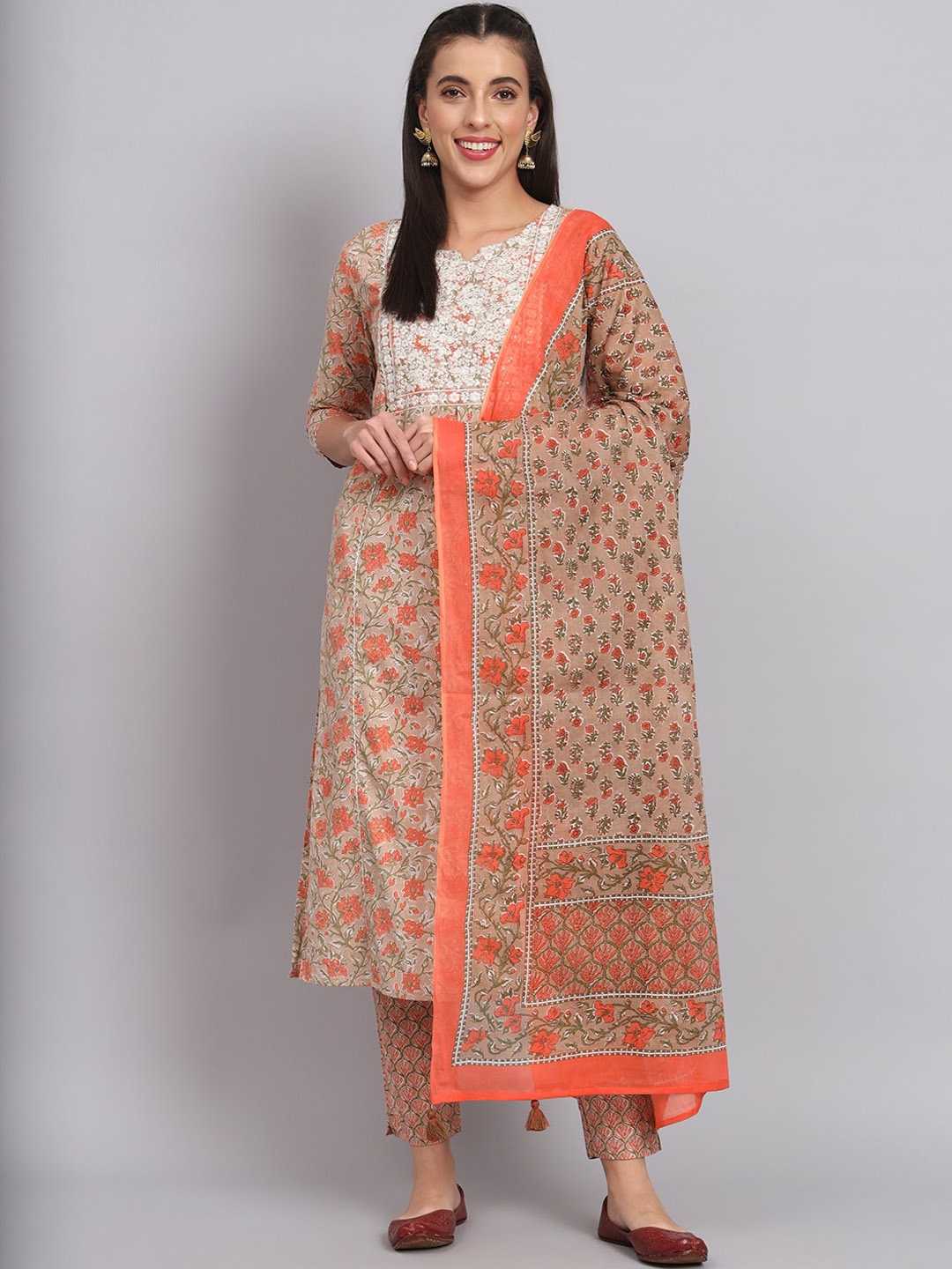 

RANGMAYEE Floral Printed Pure Cotton Kurta With Trousers & Dupatta, Beige