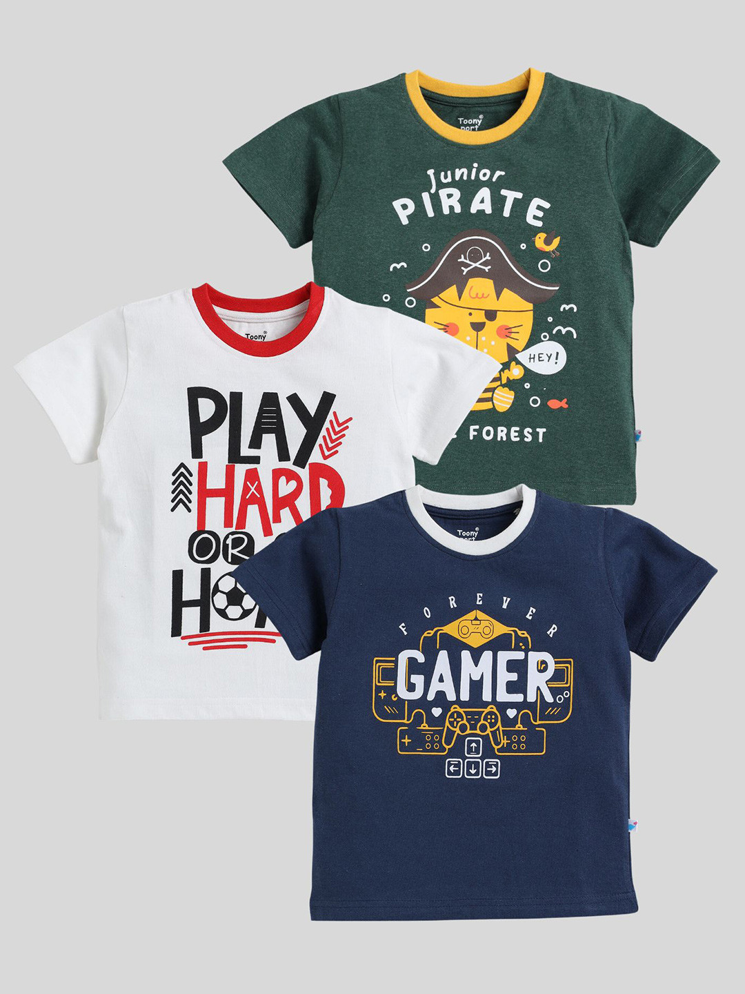 

Toonyport Boys Pack Of 3 Typography Printed Regular Fit T-shirt, Green