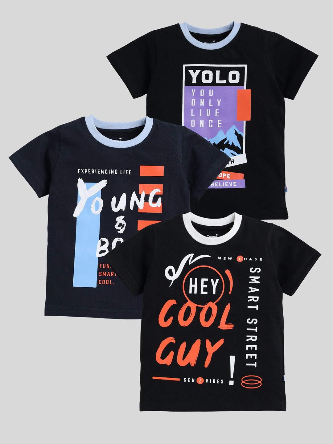 

Toonyport Boys Pack Of 3 Typography Printed Regular Fit T-shirt, Black