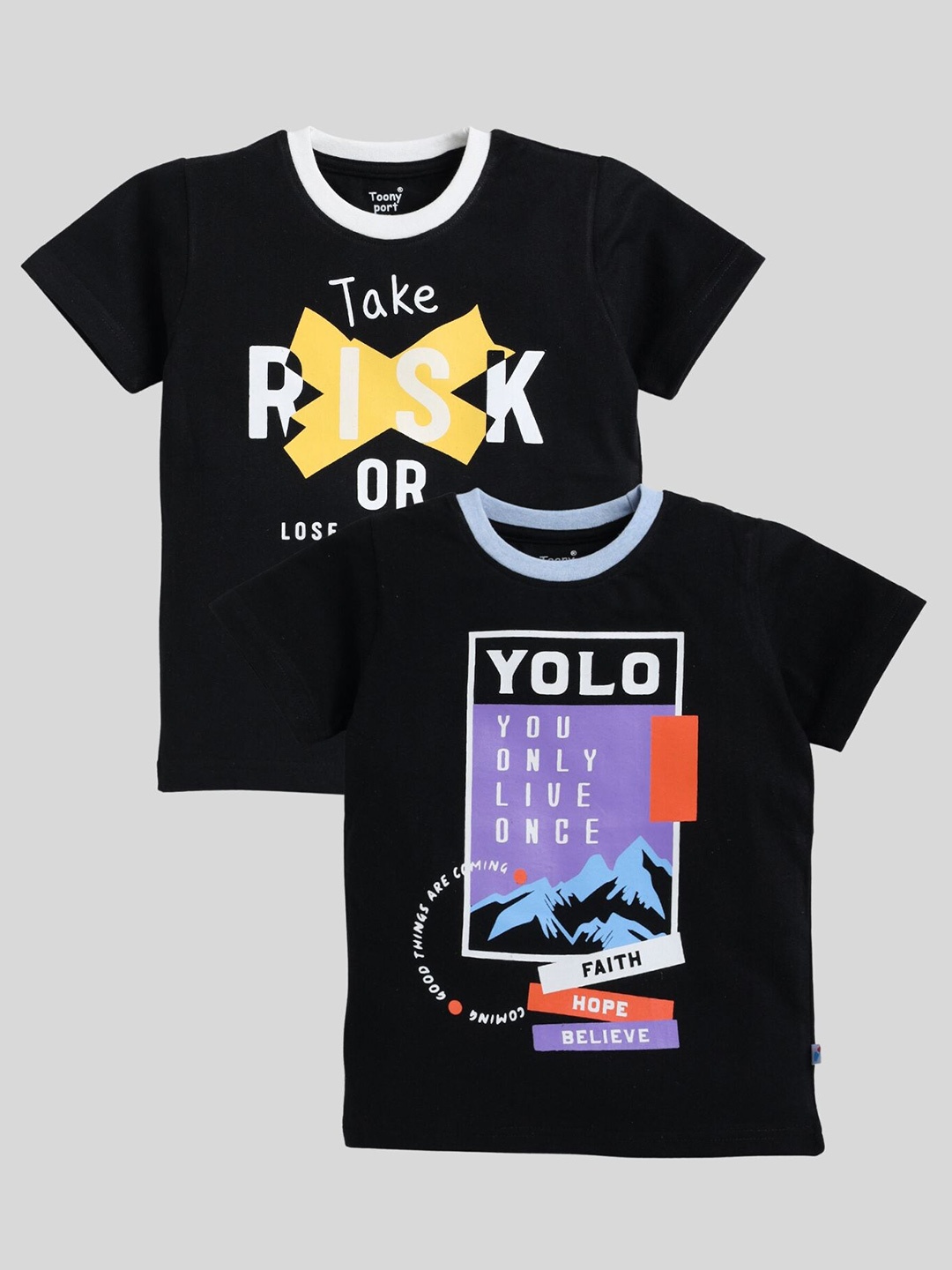 

Toonyport Boys Pack Of 2 Typography Printed Regular Fit T-shirt, Black