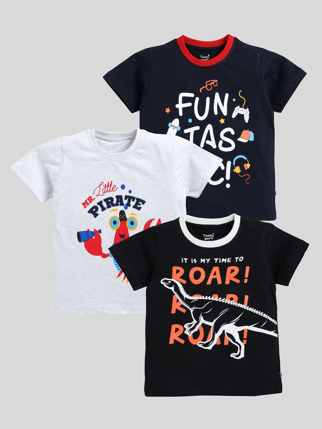 

Toonyport Boys Pack Of 3 Typography Printed Regular Fit T-shirt, Black