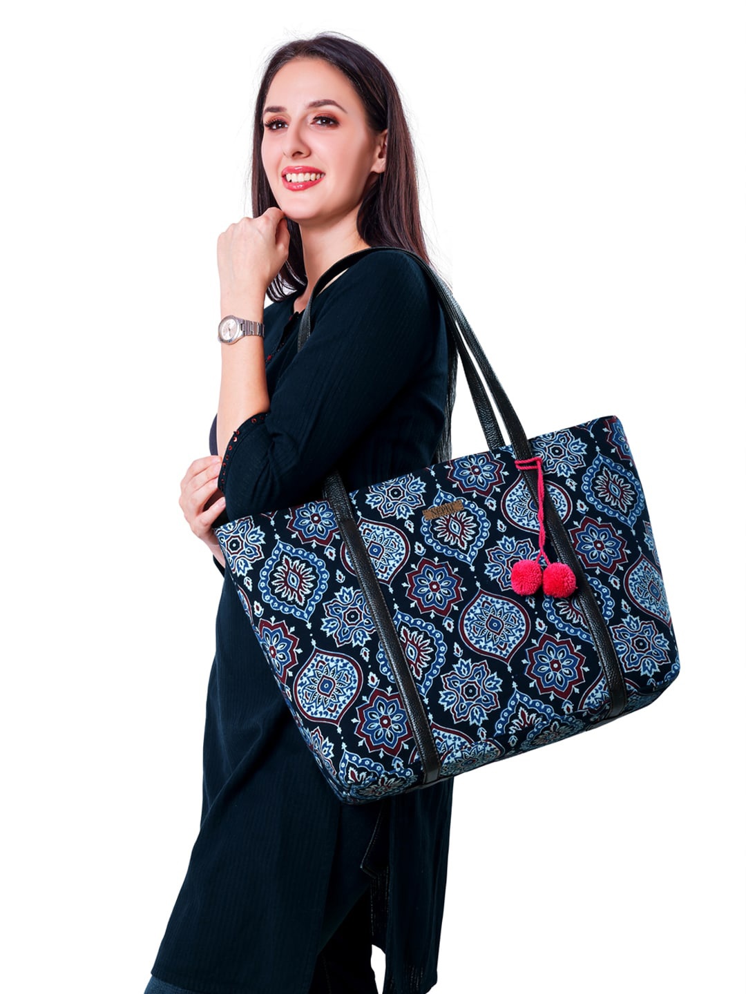 

NEPRI Ethnic Motifs Printed Shopper Cotton Tote Bag, Black