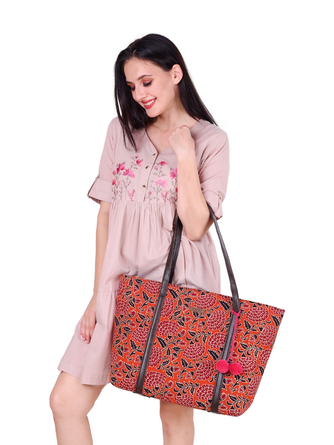 

NEPRI Floral Printed Oversized Shopper Tote Bag, Orange