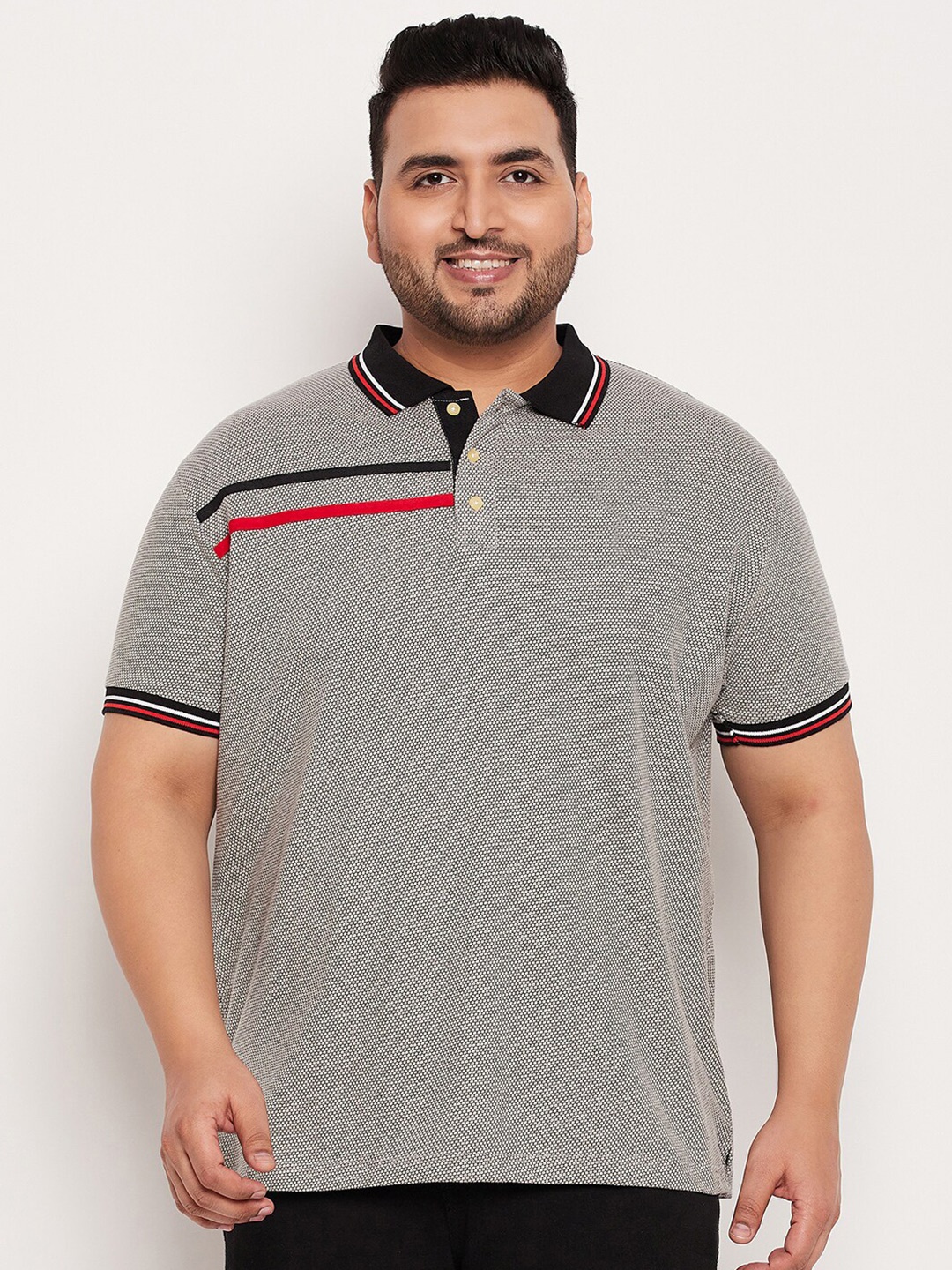 

bigbanana Men Plus Size Striped Polo Collar Bio Finish Cotton Regular T-shirt, Grey