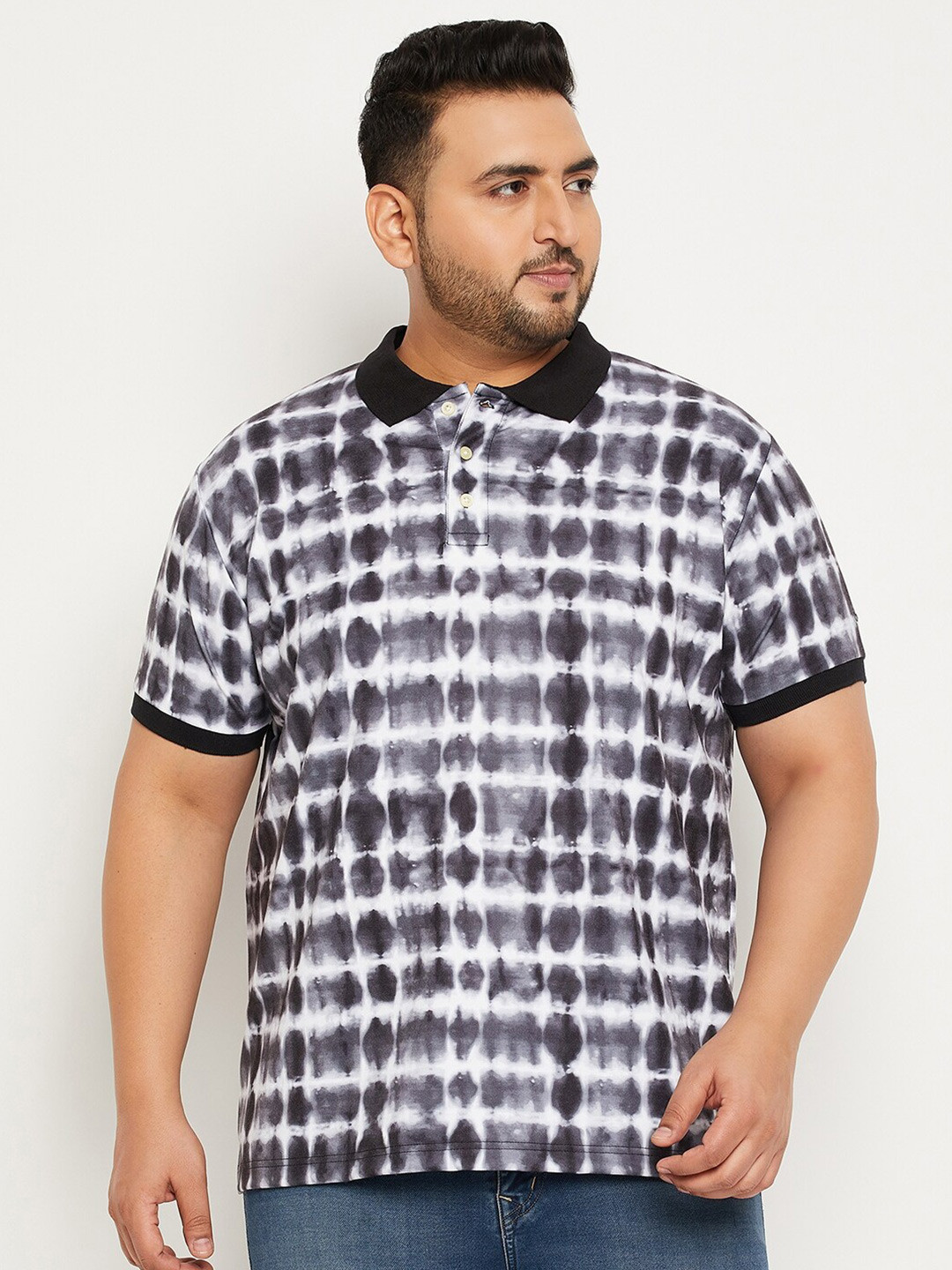 

bigbanana Men Plus Size Tie & Dye Printed Polo Collar Bio Finish Cotton Regular T-shirt, White