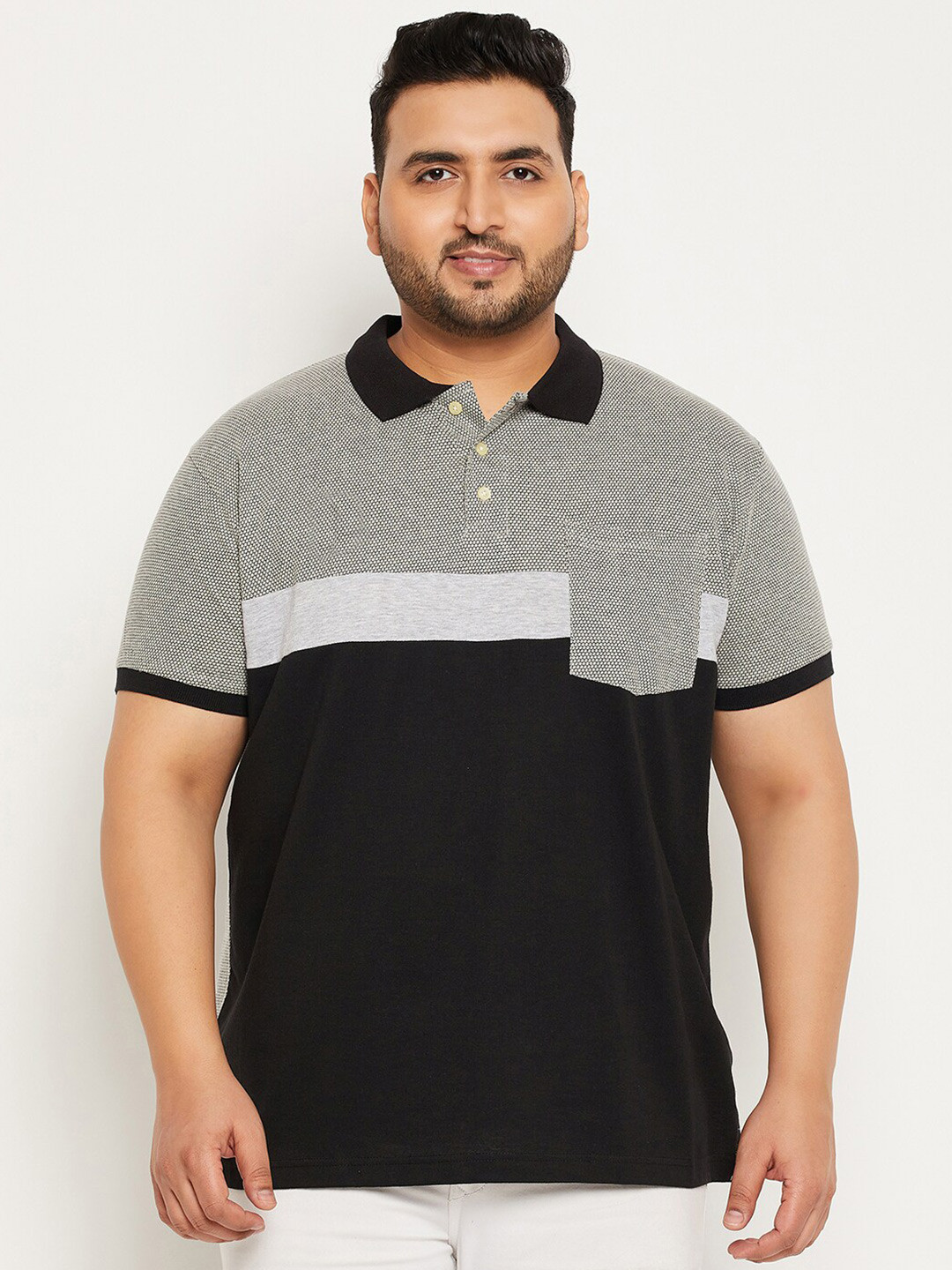 

bigbanana Men Plus Size Colourblocked Polo Collar Bio Finish Cotton Regular T-shirt, Black