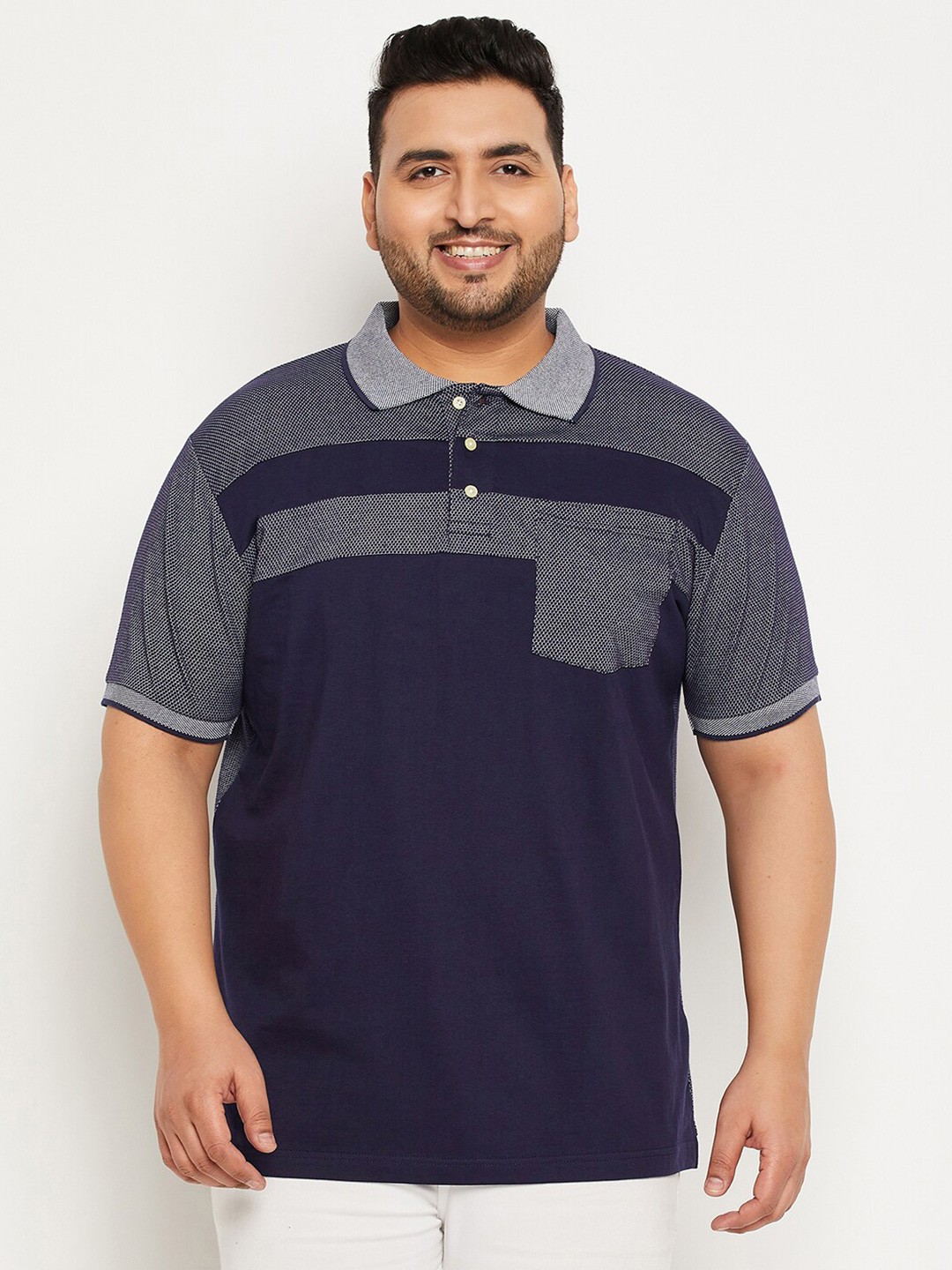 

bigbanana Plus Size Colourblocked Polo Collar Pockets Detail Bio Finish Cotton T-shirt, Navy blue