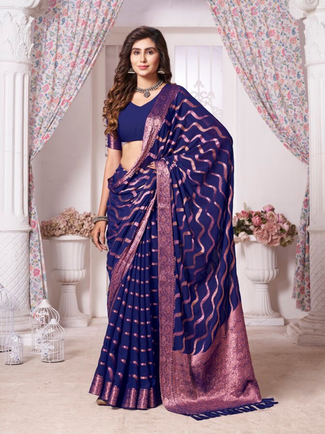 

FLOURIOUS Woven Design Zari Pure Georgette Leheriya Saree, Blue