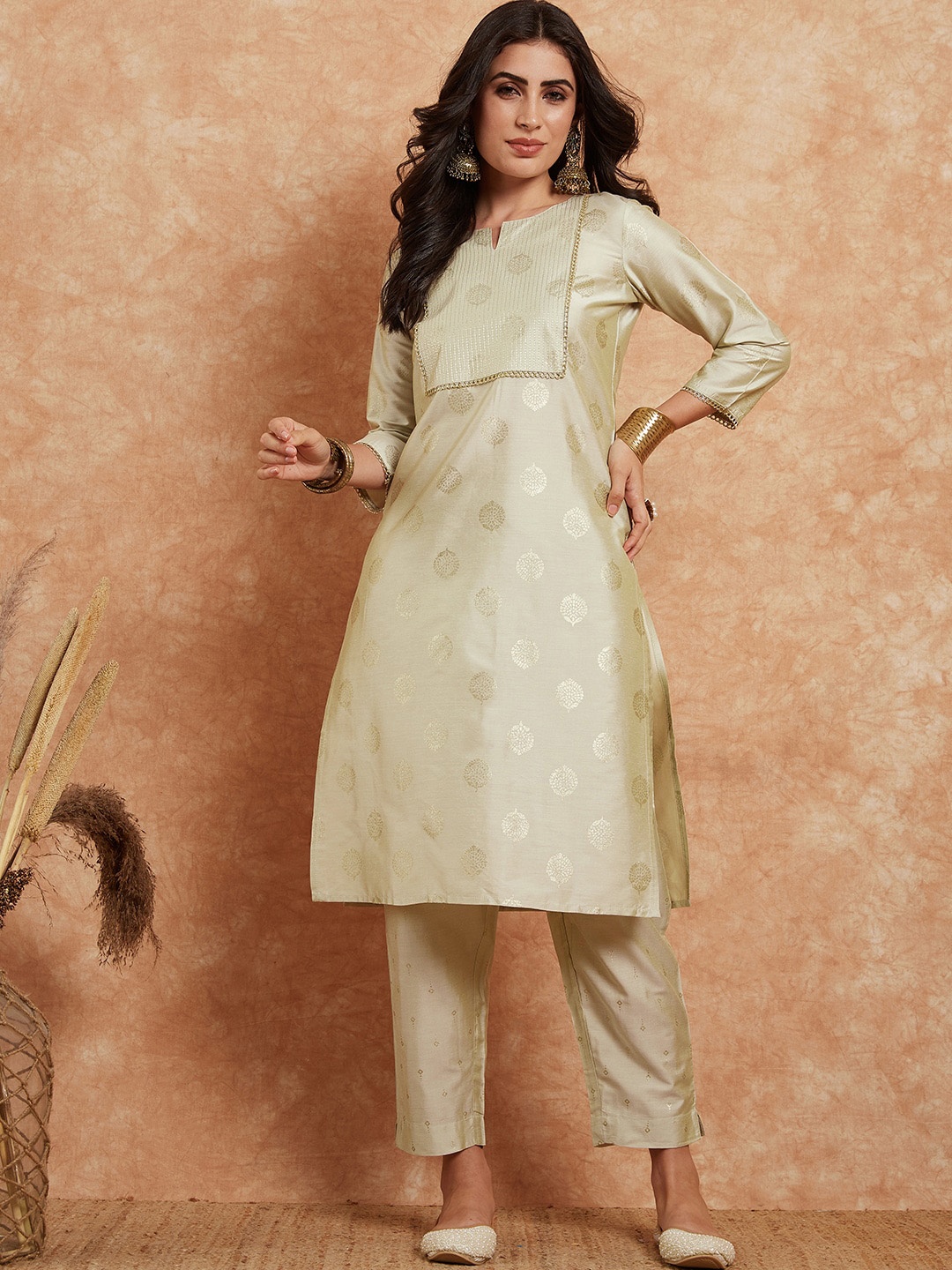 

Sangria Woven Design Straight Round Neck Kurta With Trouser, Green