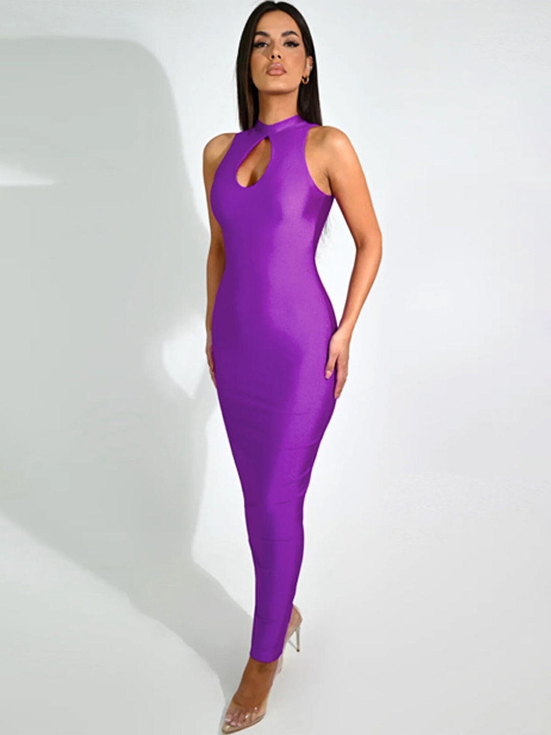 

LULU & SKY Halter Neck Cut-Outs Detail Bodycon Maxi Dress, Purple