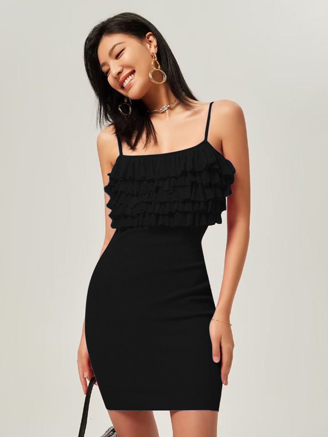 

LULU & SKY Shoulder Straps Sleeveless Ruffles Bodycon Dress, Black