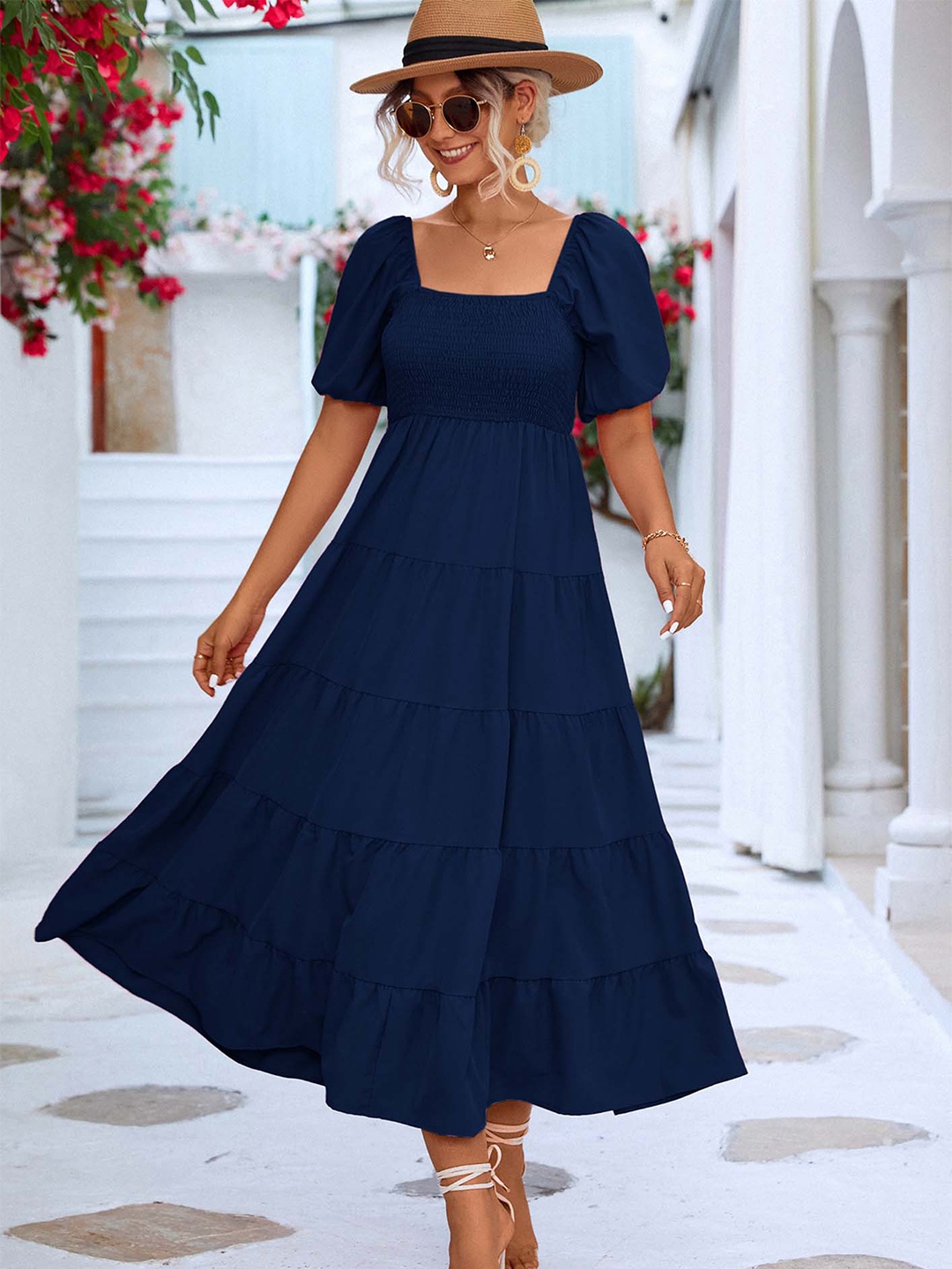 

LULU & SKY Puff Sleeve Empire Midi Dress, Blue