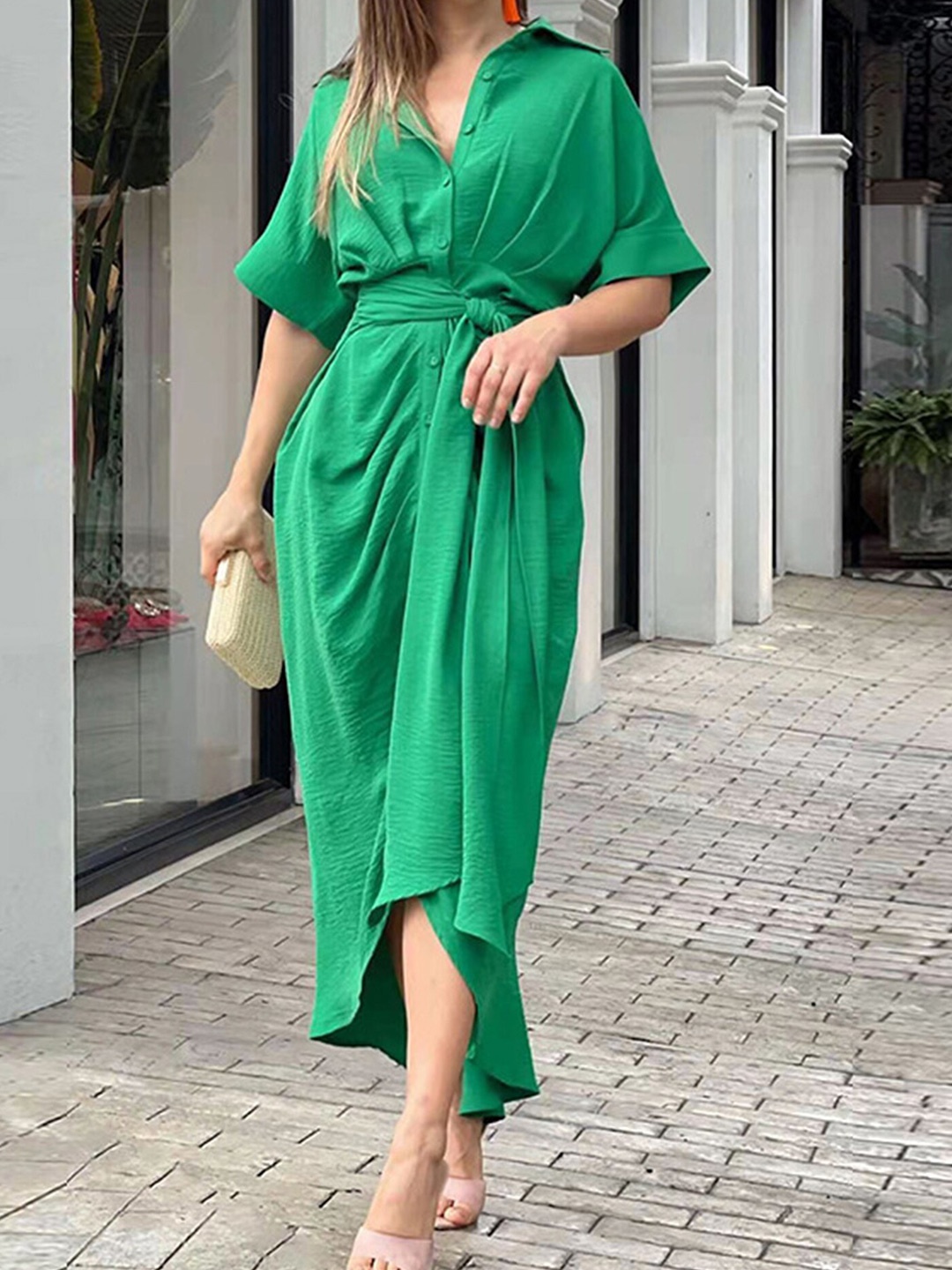 

LULU & SKY Belted Shirt Style High Low Midi Dress, Green