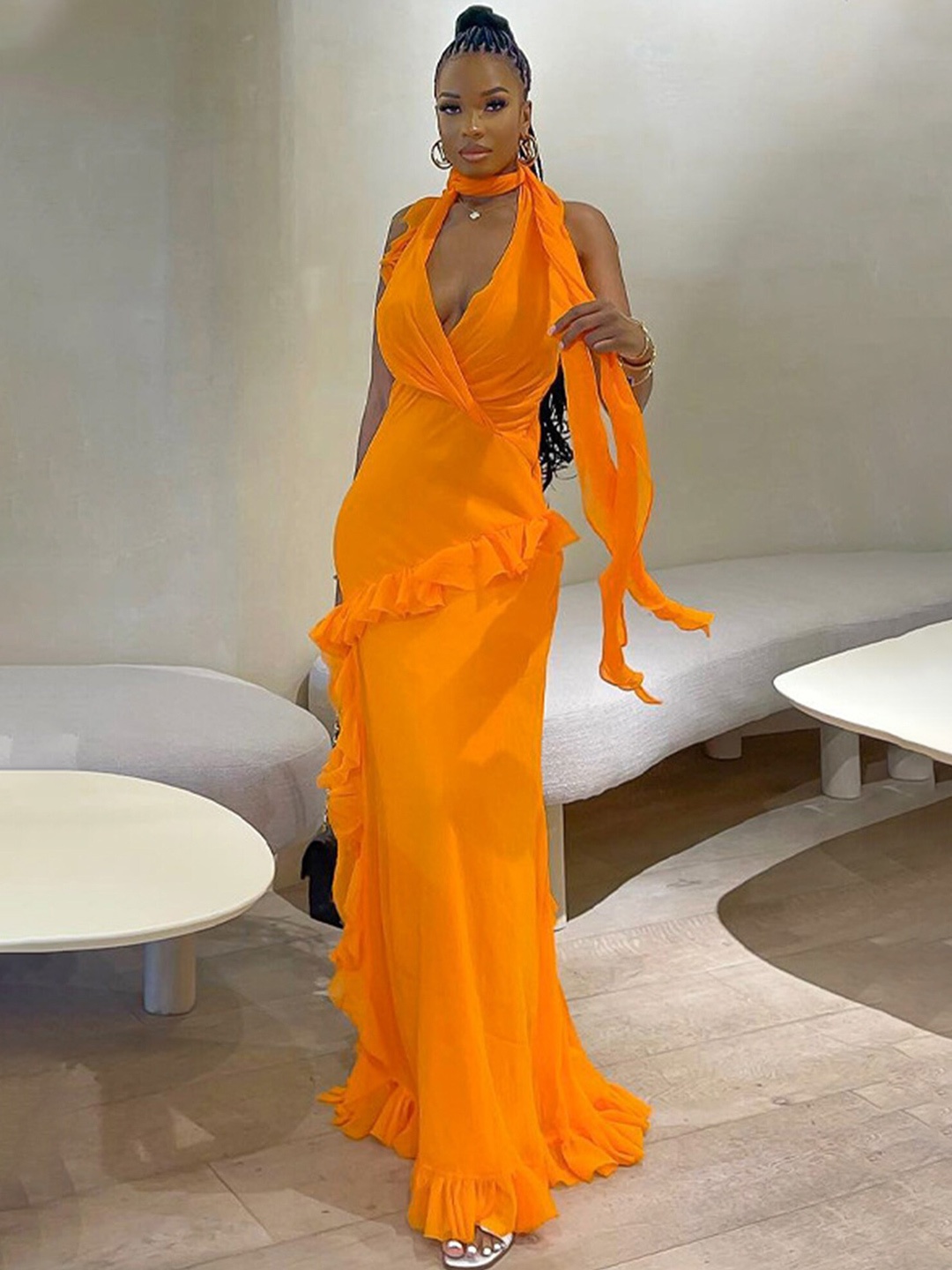 

LULU & SKY Halter Neck Ruffles Maxi Dress, Orange