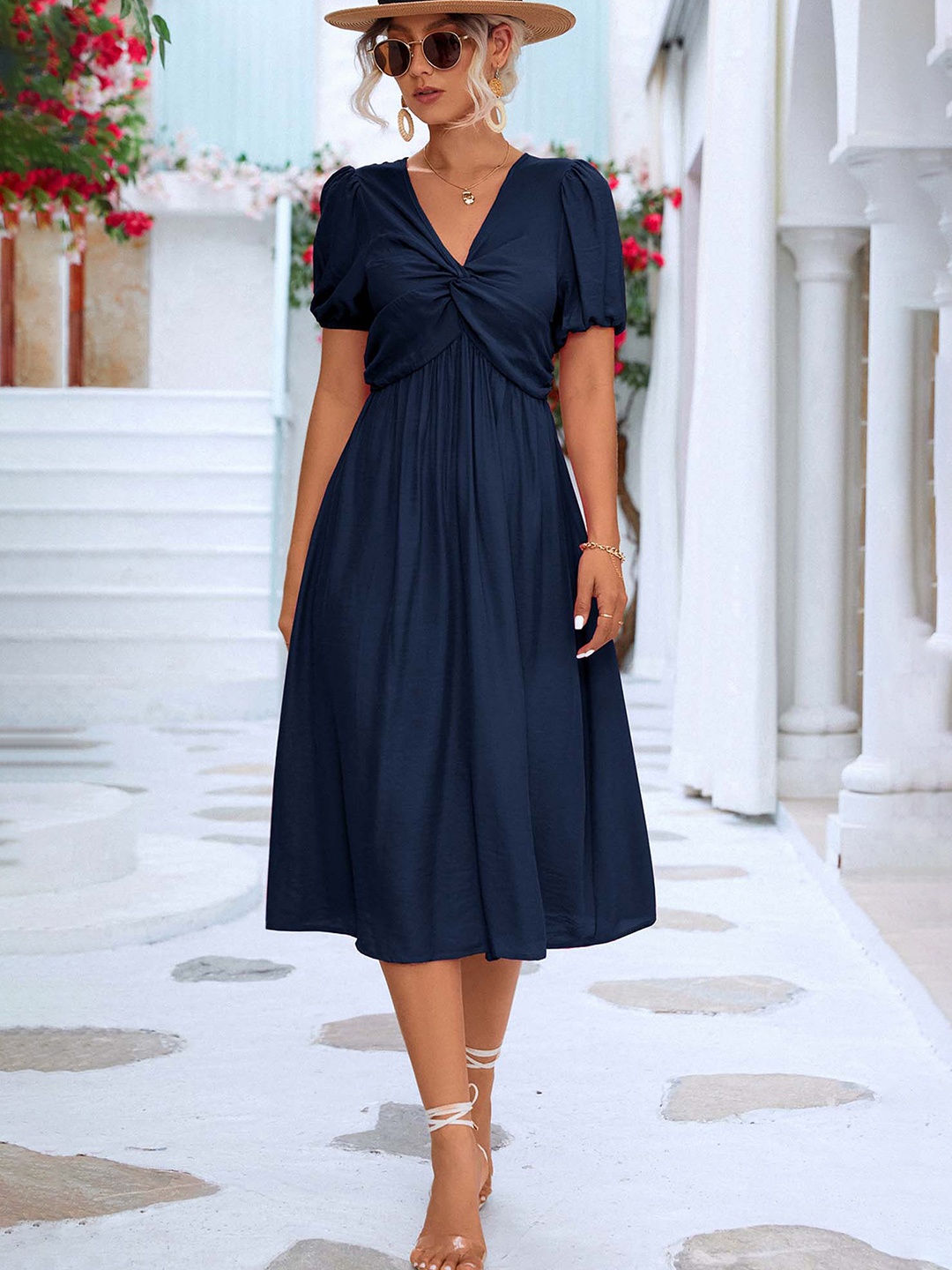 

LULU & SKY V-Neck Twisted Fit & Flare Midi Dress, Navy blue