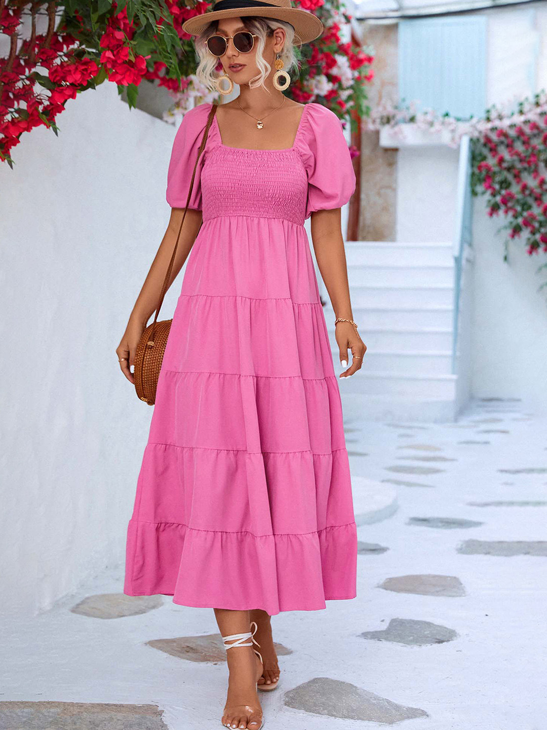 

LULU & SKY Square Neck Puff Sleeve Smocking & Tiered Detail Fit and Flare Midi Dress, Pink