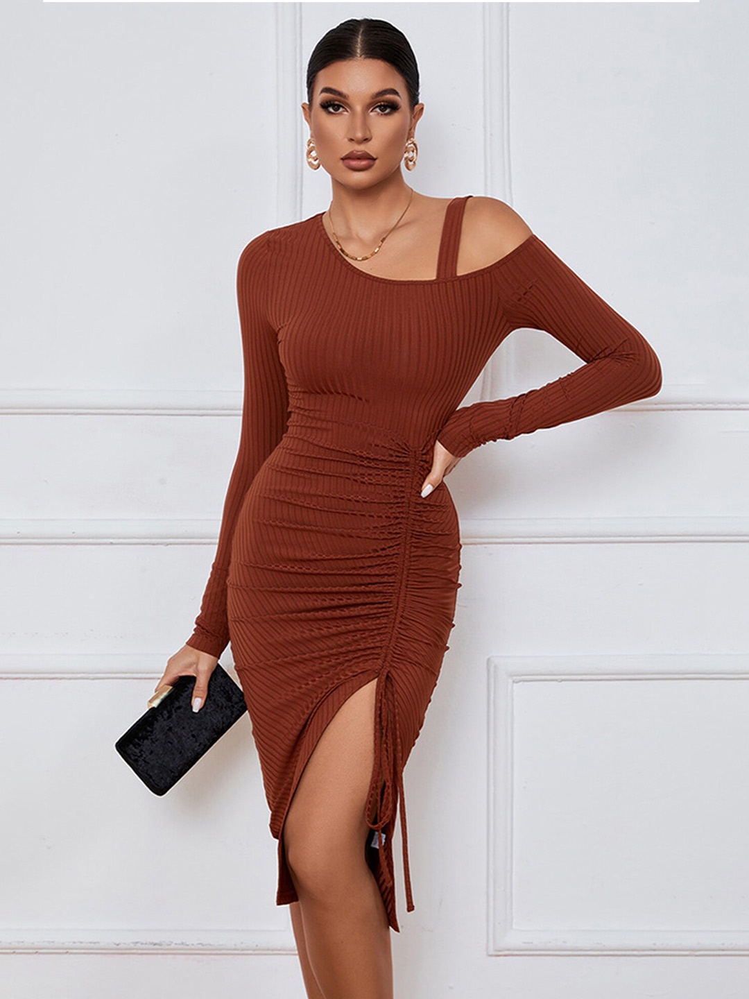 

LULU & SKY Brown Striped Asymmetric Neck Ruched Sheath Midi Dress