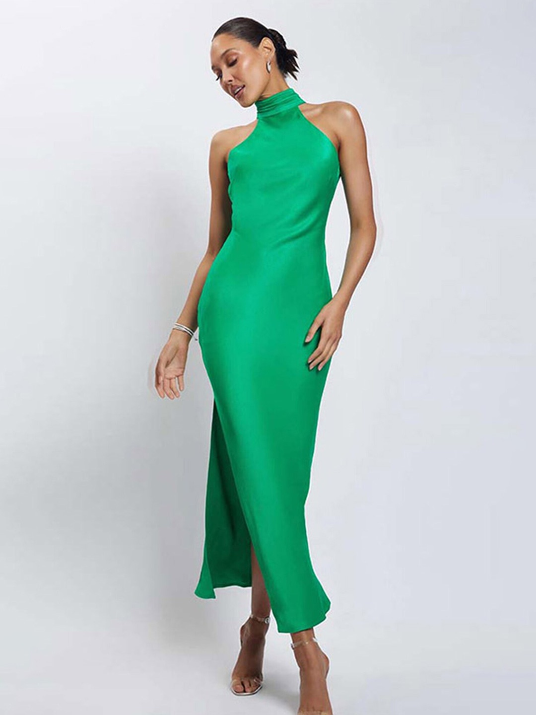 

LULU & SKY Halter Neck Backless Detail Slit Maxi Sheath Dress, Green