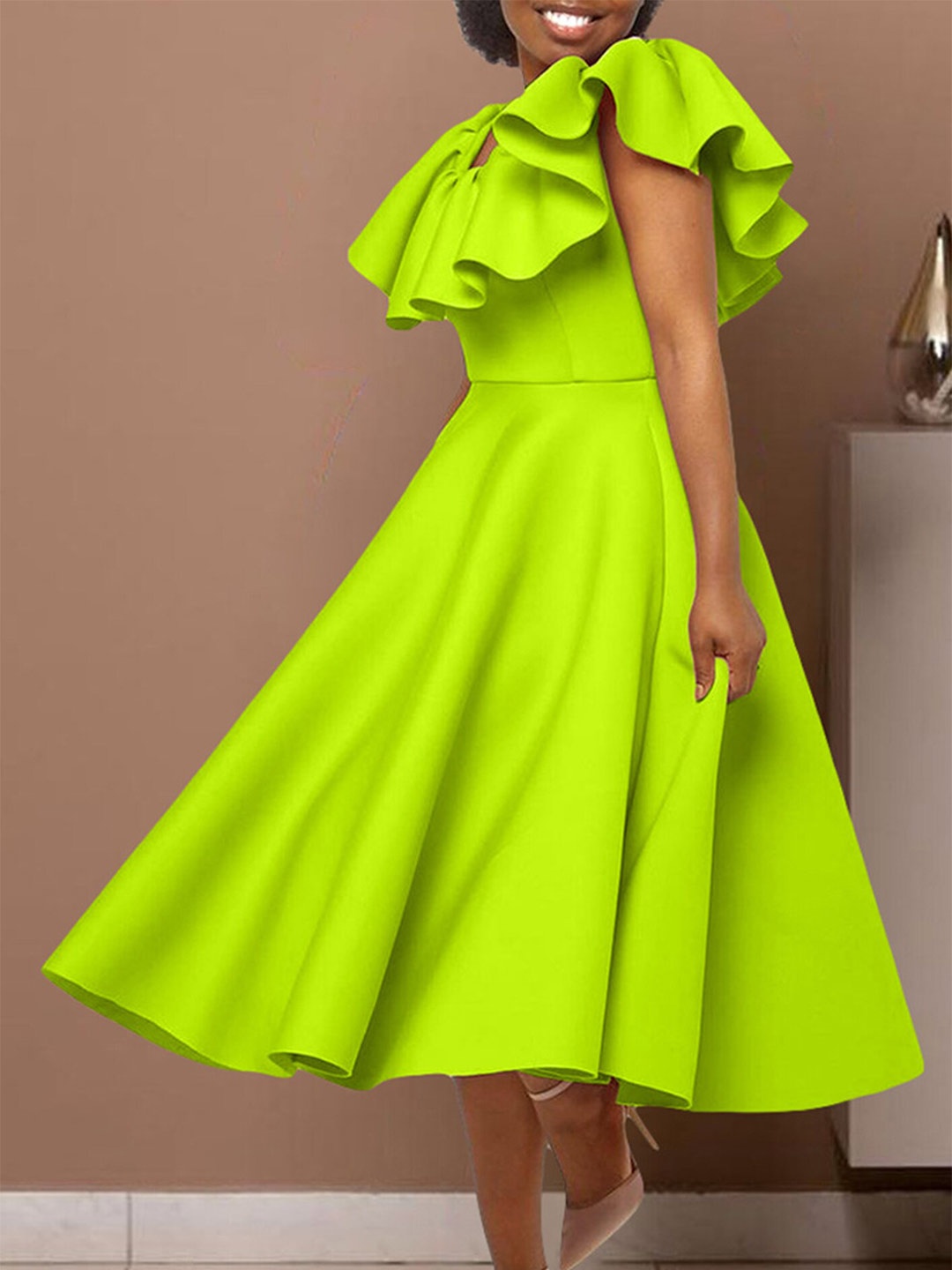 

LULU & SKY Round Neck Ruffled A-Line Dress, Green