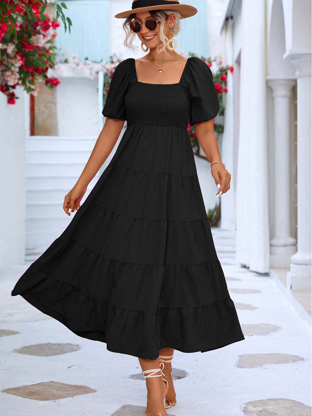 

LULU & SKY Square Neck Puff Sleeves Smocked Tiered Fit & Flare Midi Dress, Black
