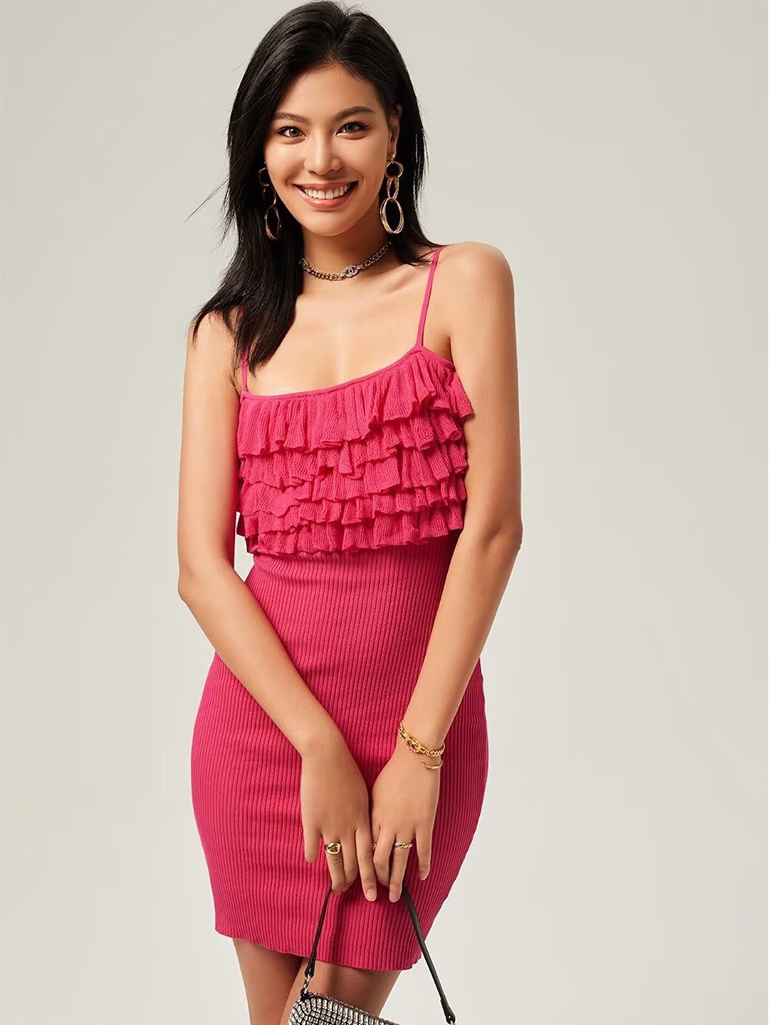 

LULU & SKY Shoulder Strapped Ruffled Mini Sheath Dress, Pink