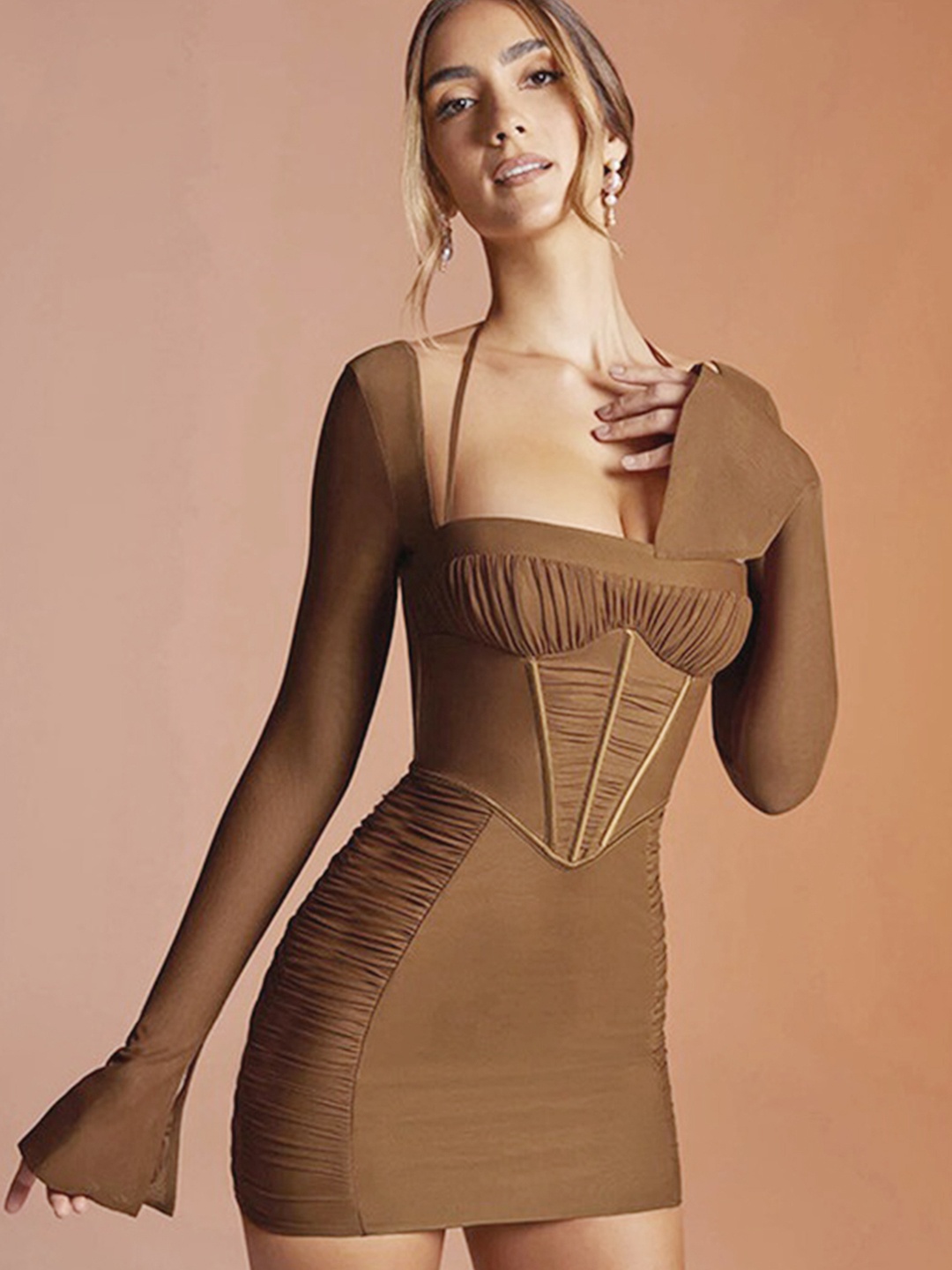 

LULU & SKY Ruched Corset Bodycon Mini Dress, Brown
