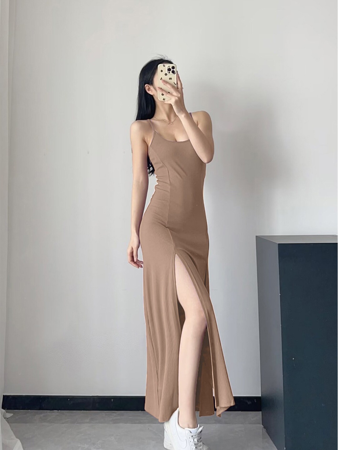 

LULU & SKY Shoulder Straps Ribbed Front Slit Maxi Dress, Brown
