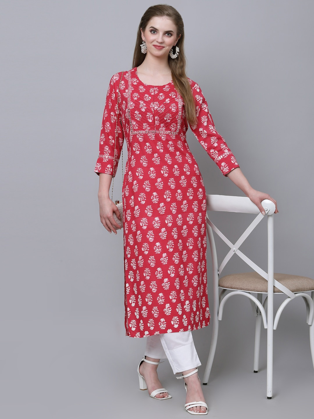 

KBZ Floral Printed Thread Work Cotton Straight Kurta, Red