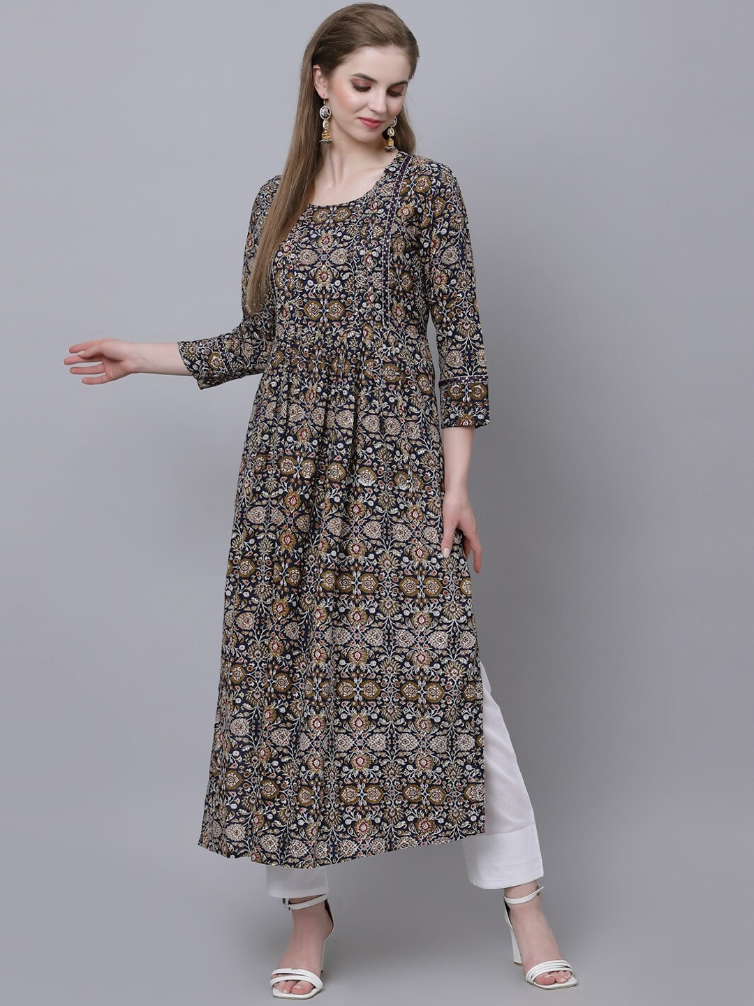 

KBZ Ethnic Motifs Printed Thread Work High Slit Kurta, Navy blue