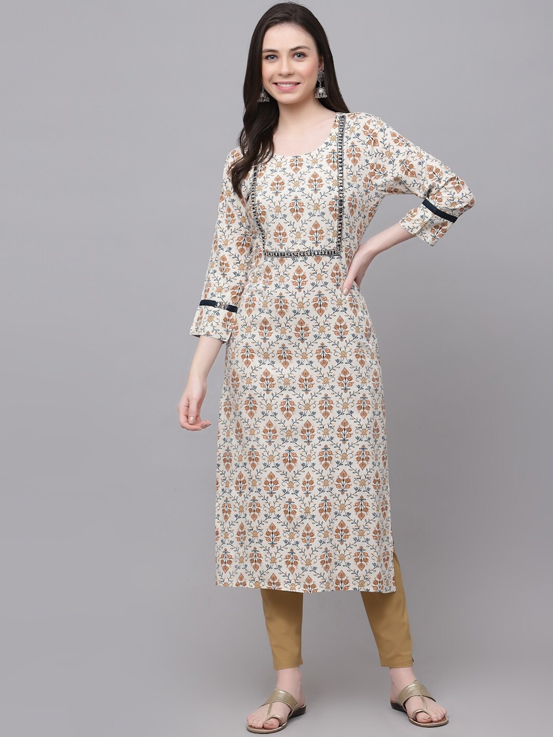 

KBZ Ethnic Motifs Printed Thread Work Straight Kurta, Cream
