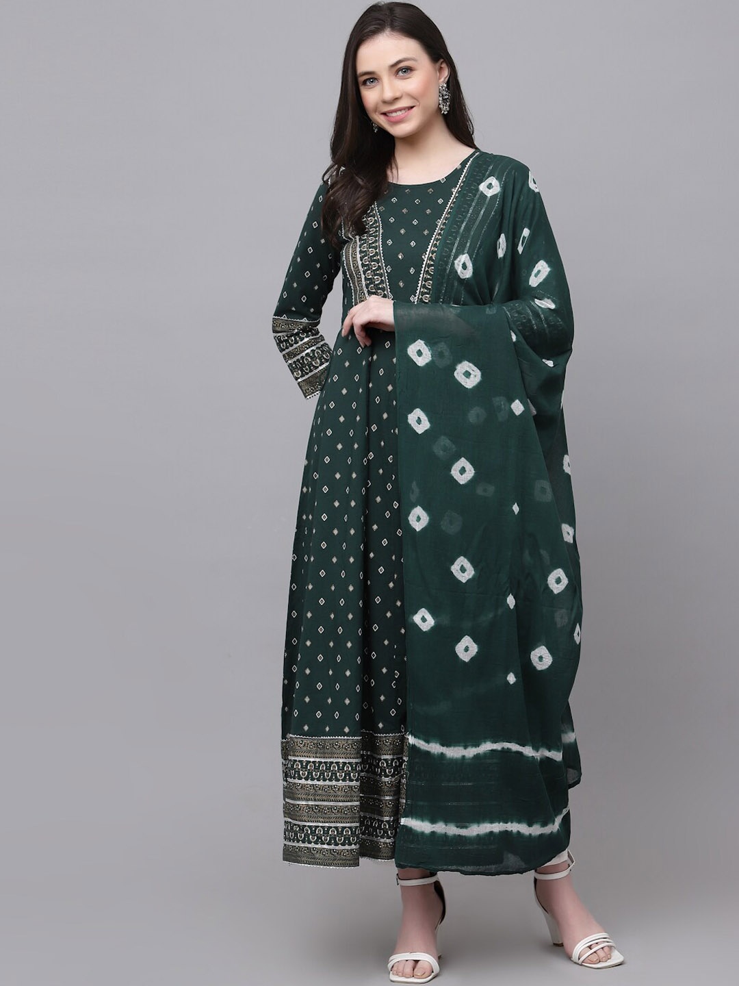 

KBZ Ethnic Motifs Printed Gotta Patti Pure Cotton Anarkali Kurta With Dupatta, Green