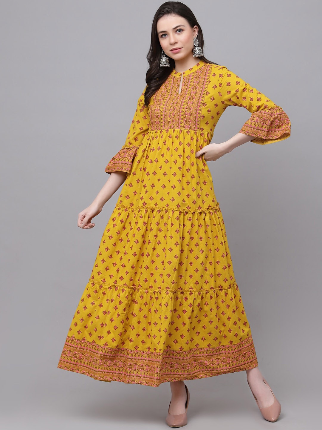 

KBZ Ethnic Motifs Printed Bell Sleeves Cotton Fit & Flare Ethnic Dress, Yellow