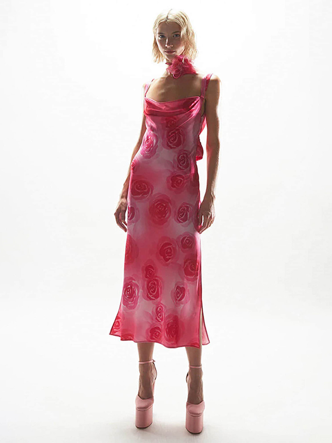 

LULU & SKY Floral Printed Backless A-line Midi Dress, Pink
