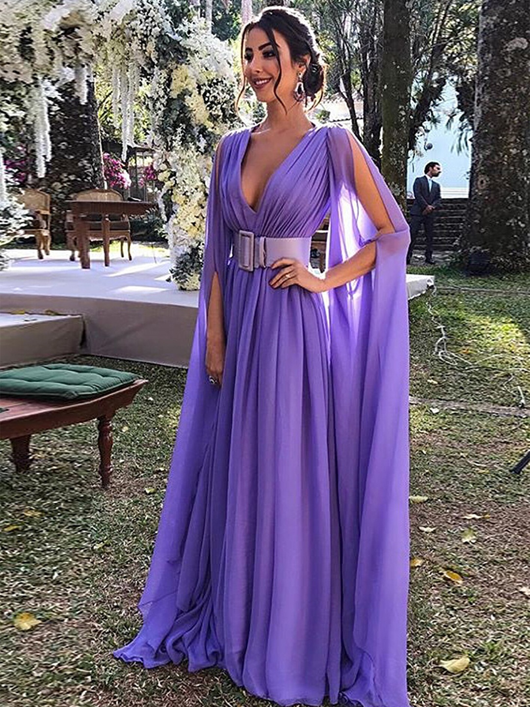 

LULU & SKY V-Neck Slit Sleeves Gathered Maxi Dress, Purple