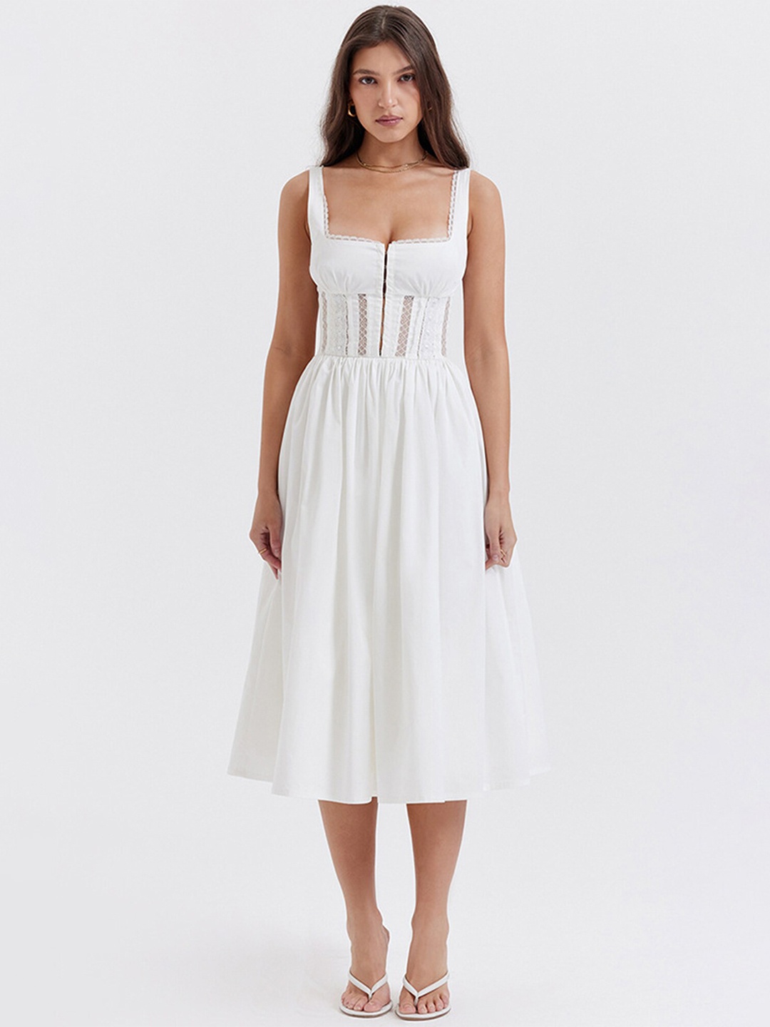 

LULU & SKY Shoulder Strapped Corset Style Fit & Flare Midi Dress, White