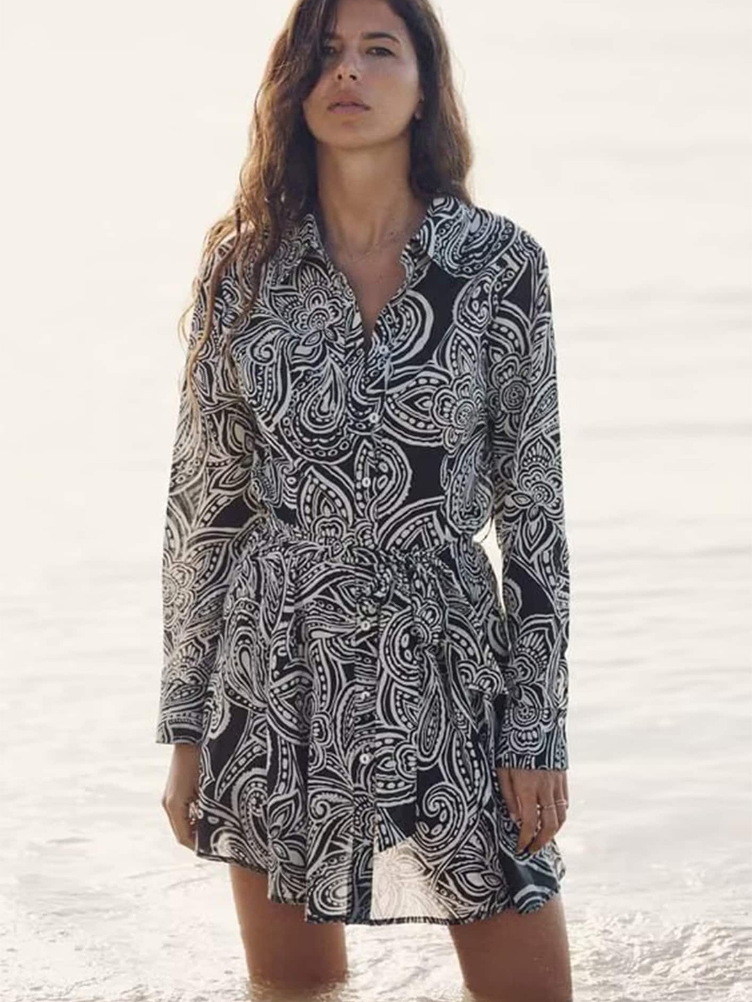 

LULU & SKY Ethnic Motifs Printed Gathered Shirt Dress, Black