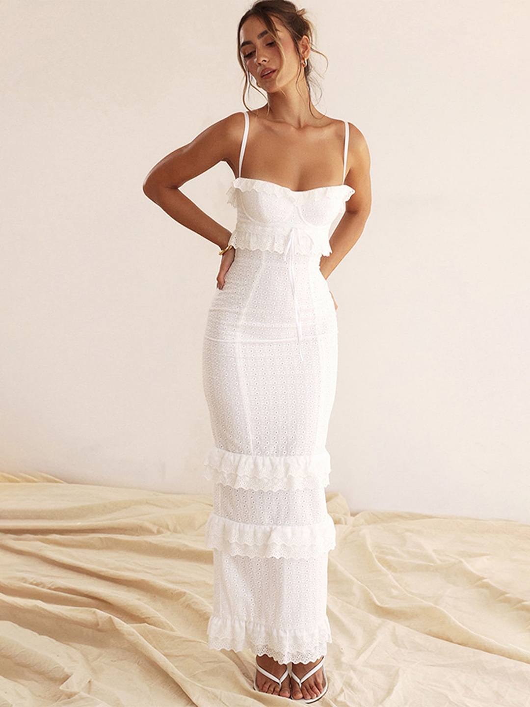 

LULU & SKY Self Design Shoulder Straps Ruffles Maxi Dress, White