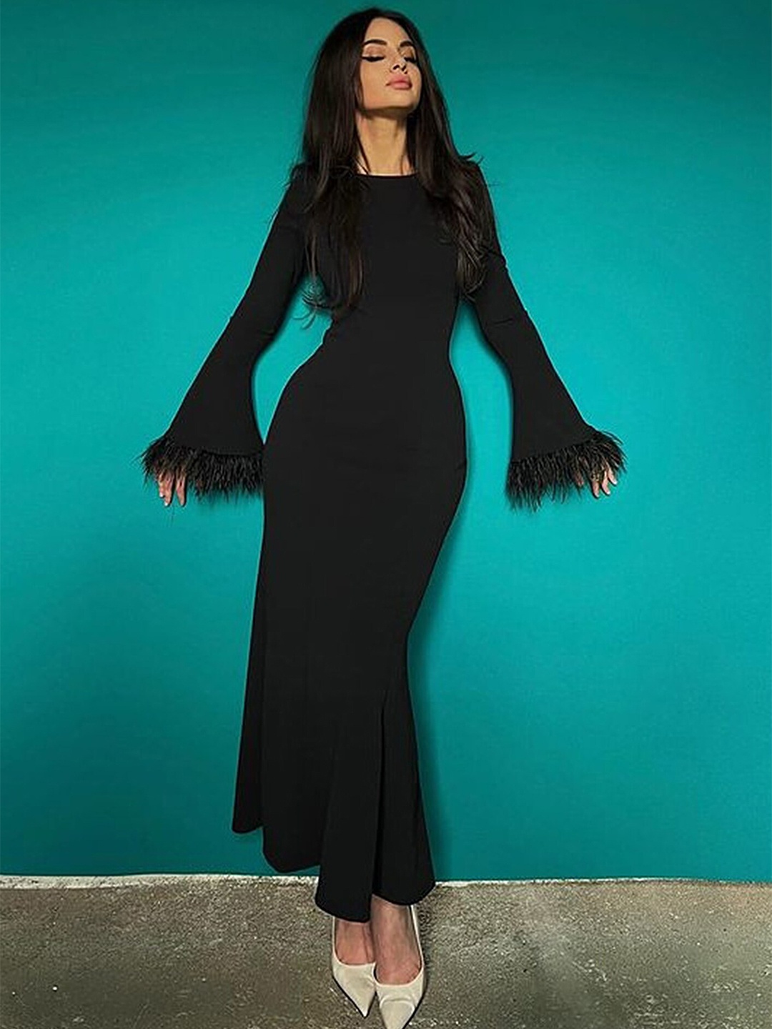 

LULU & SKY Bell Sleeves Fringed Detail Maxi Dress, Black