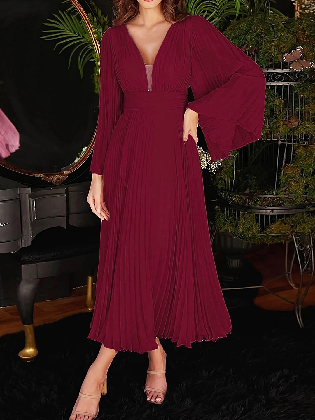 

LULU & SKY V-Neck Accordion Pleated Fit & Flare Midi Dress, Red