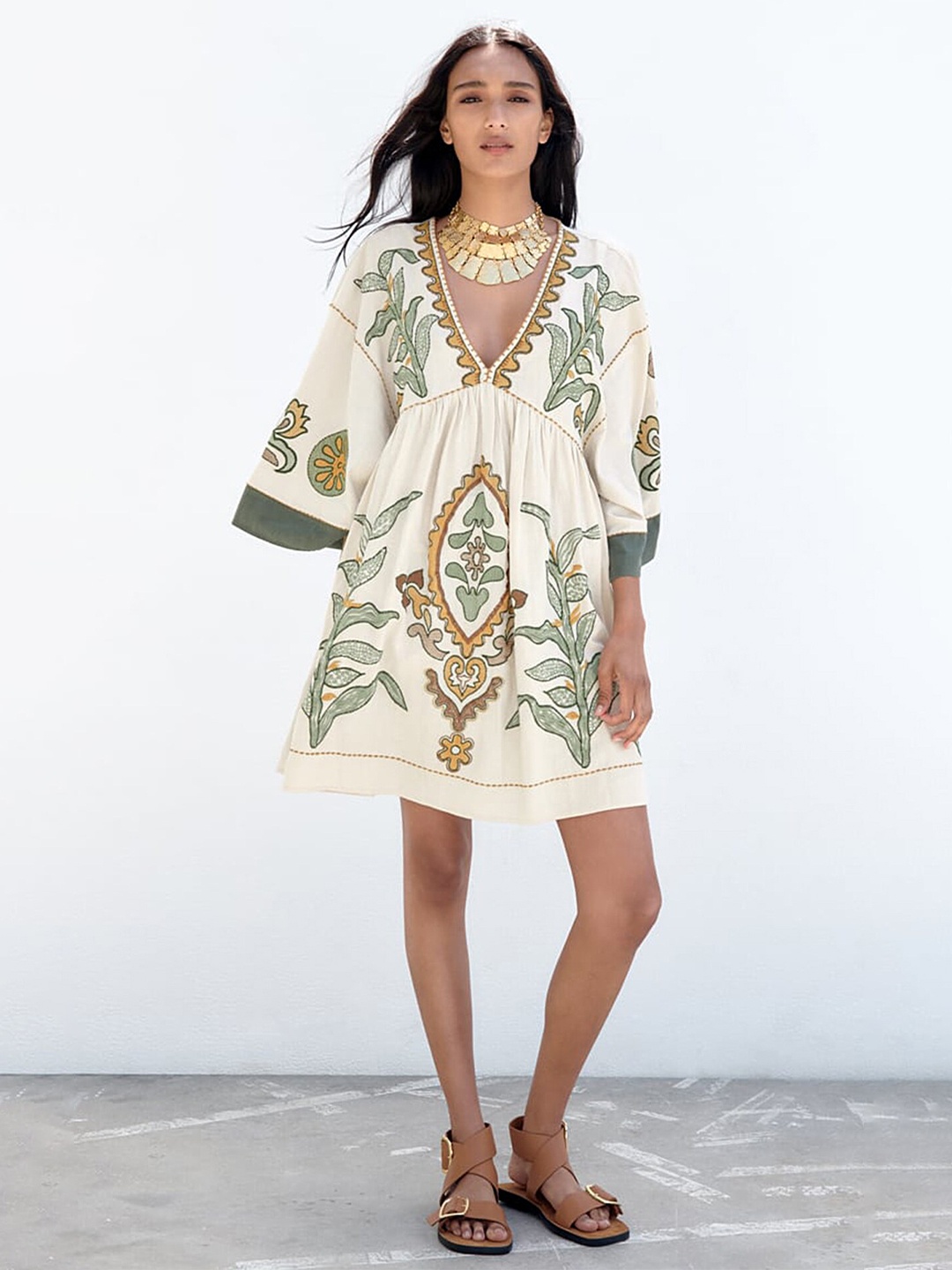 

LULU & SKY Ethnic Motifs Printed Flared Sleeve A-Line Dress, Beige