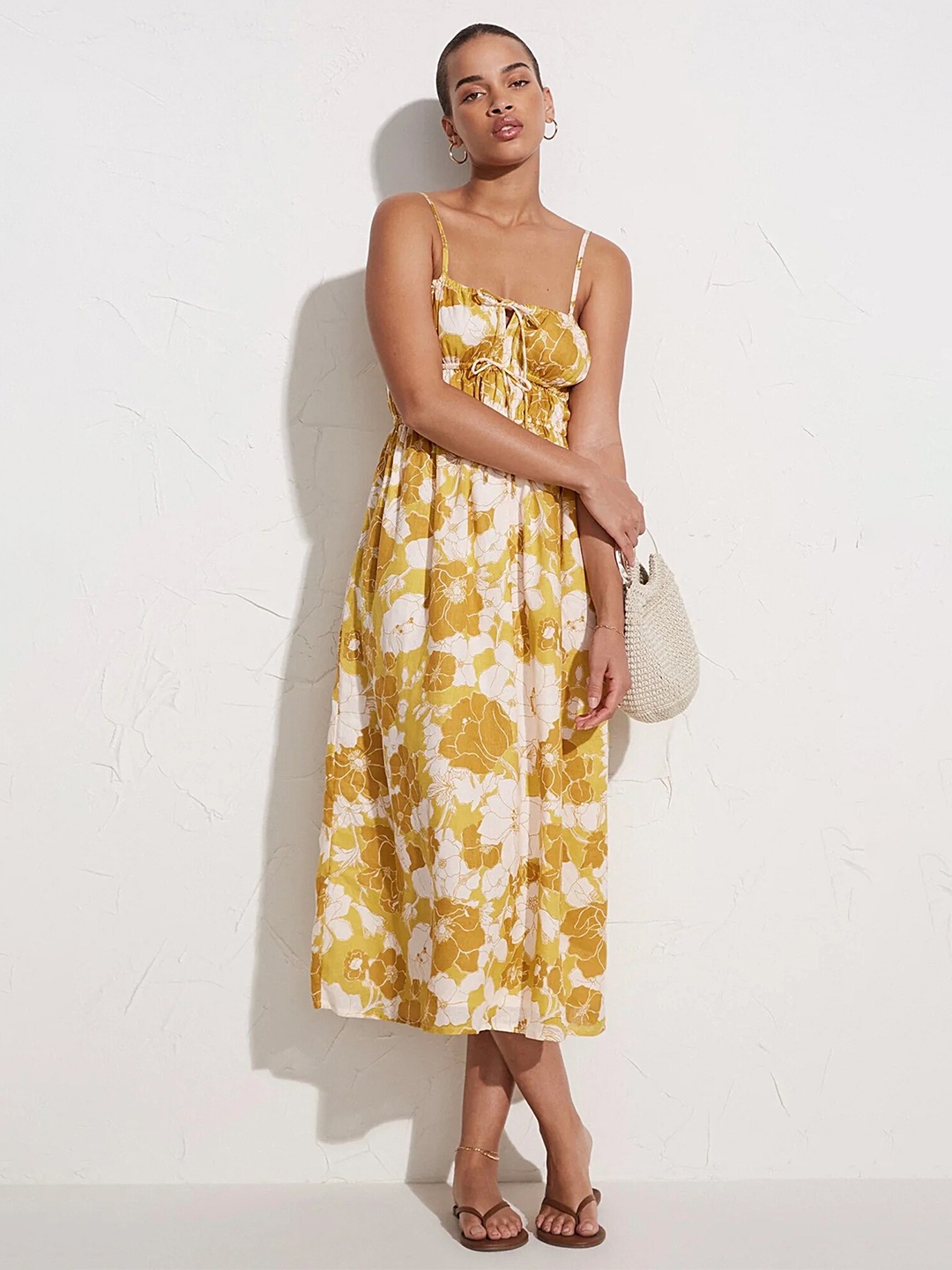 

LULU & SKY Floral Printed Tie-Up Detail Gathered A-Line Midi Dress, Yellow
