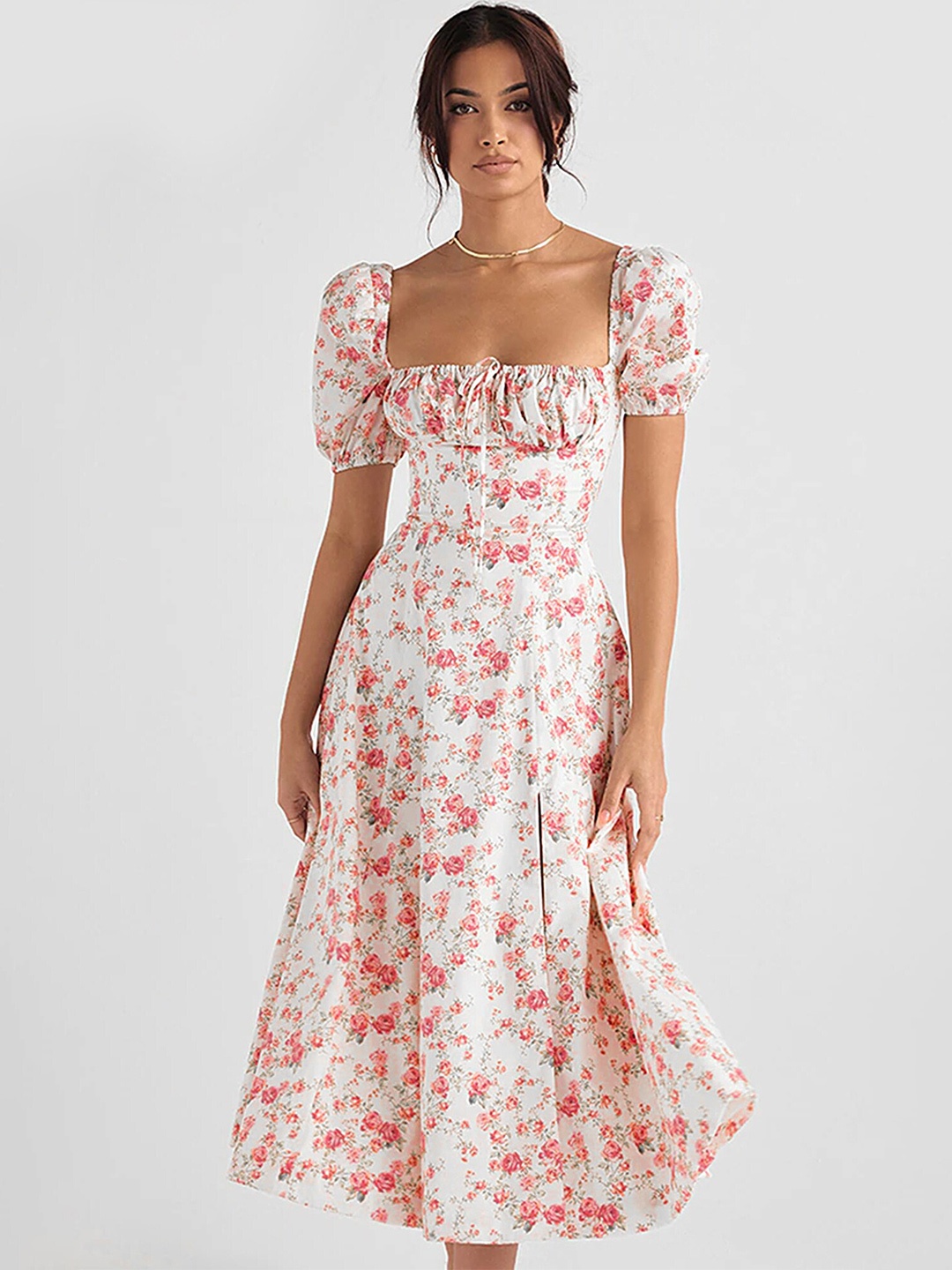 

LULU & SKY Floral Printed Puff Sleeve Fit & Flare Midi Dress, White