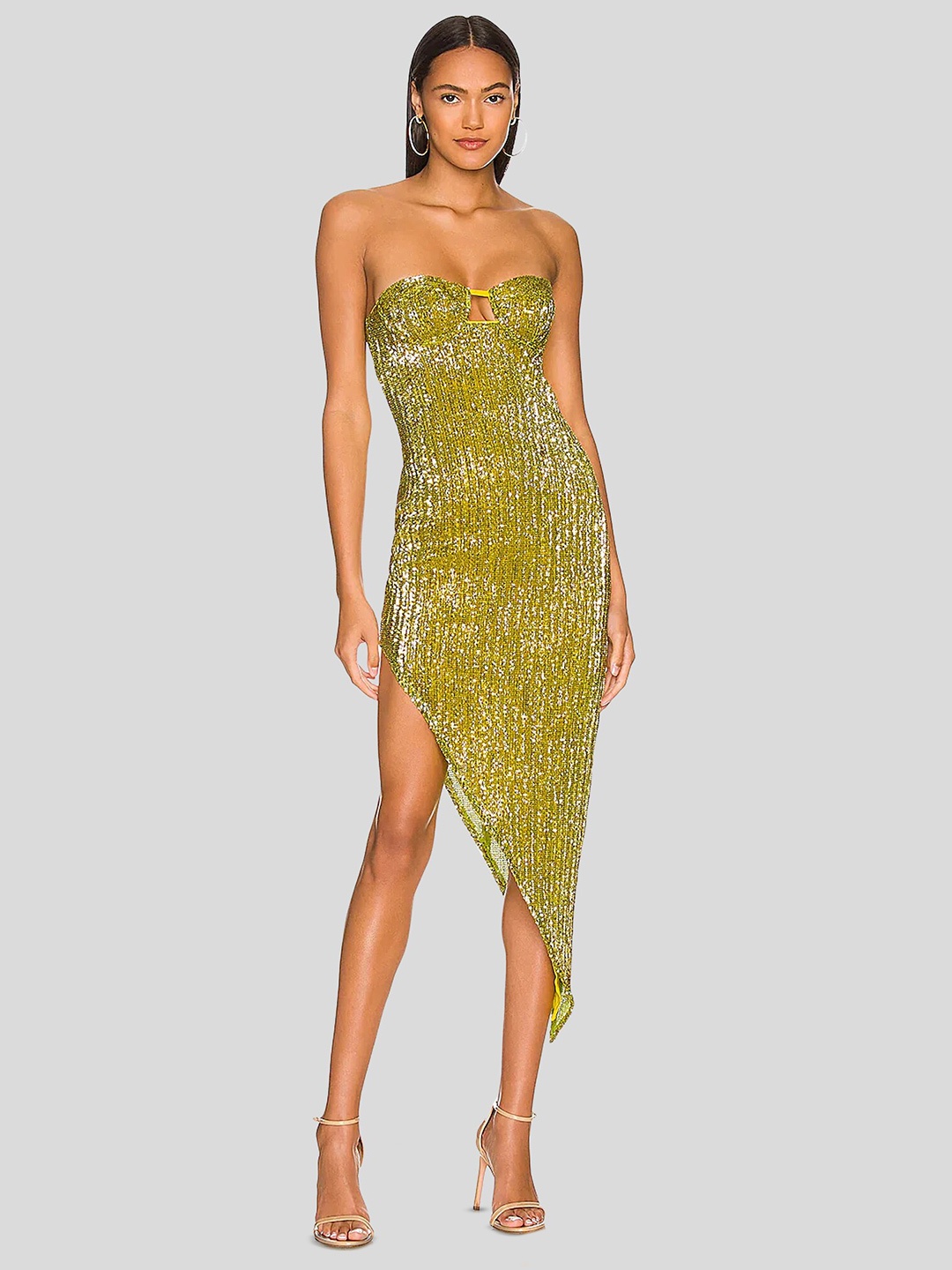 

LULU & SKY Embellished Shimmer Strapless Asymmetric Sheath Midi Dress, Yellow