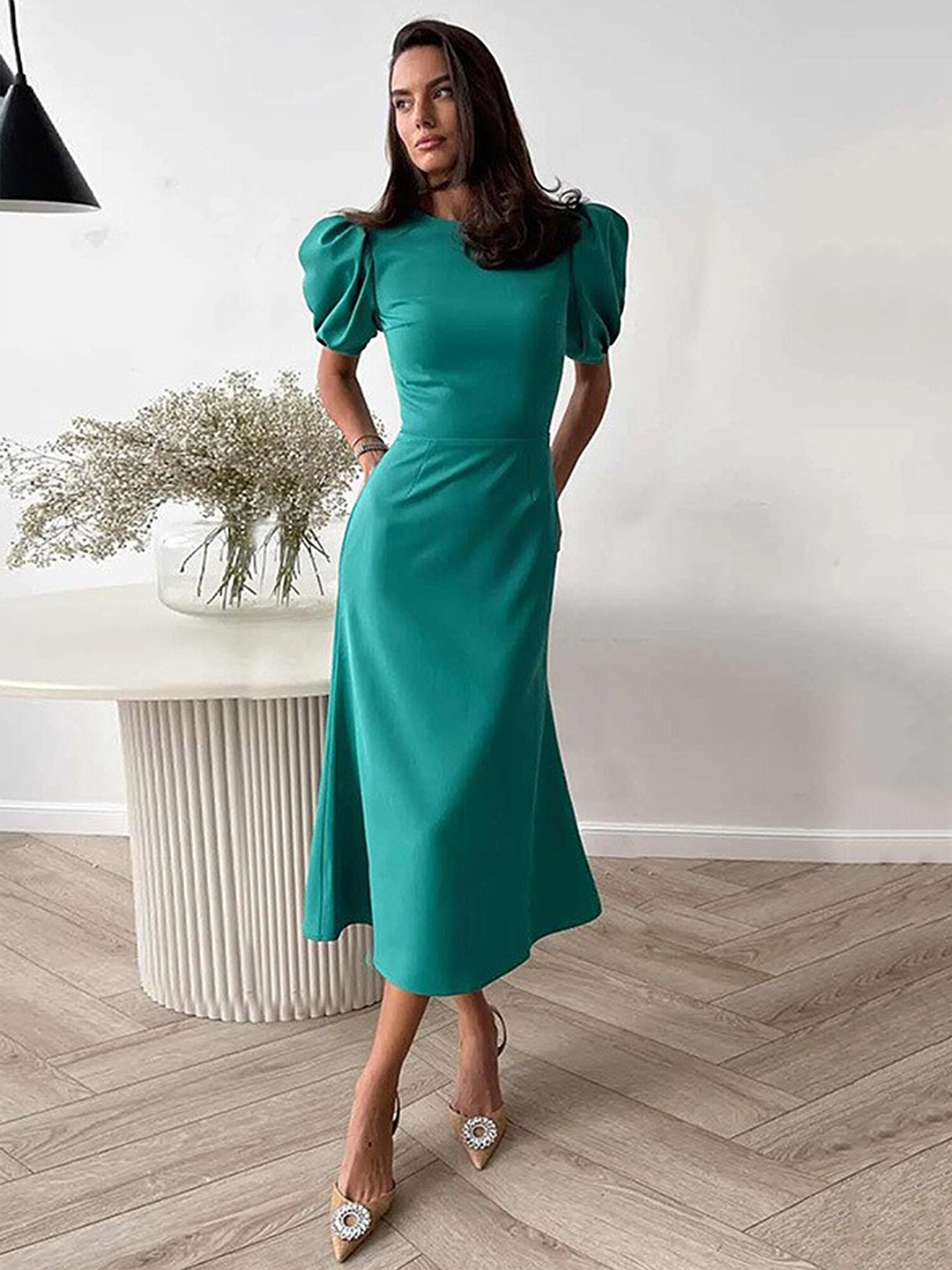 

LULU & SKY Round Neck Puff Sleeves Gathered A-Line Midi Dress, Green