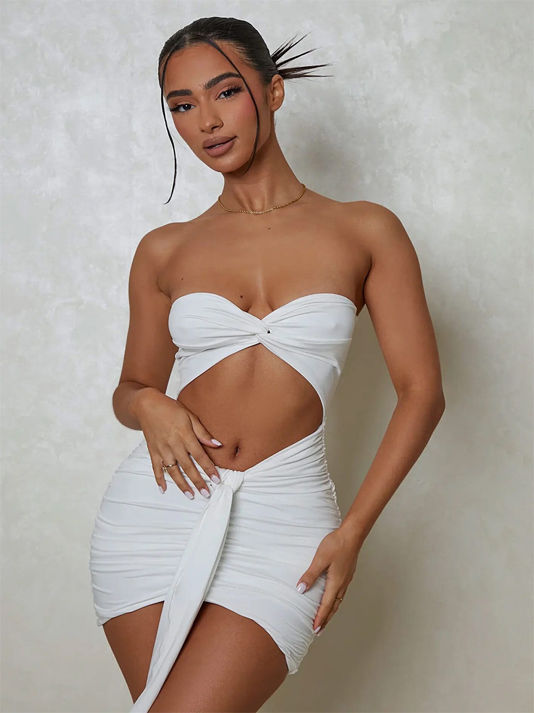 

LULU & SKY White Cut-Outs Detailed Ruched Bodycon Dress