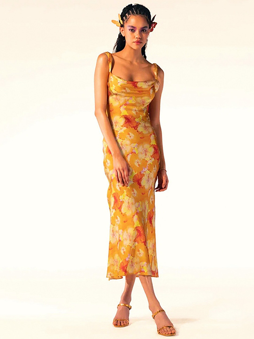 

LULU & SKY Floral Printed Shoulder Strapped Sheath Midi Dress, Orange