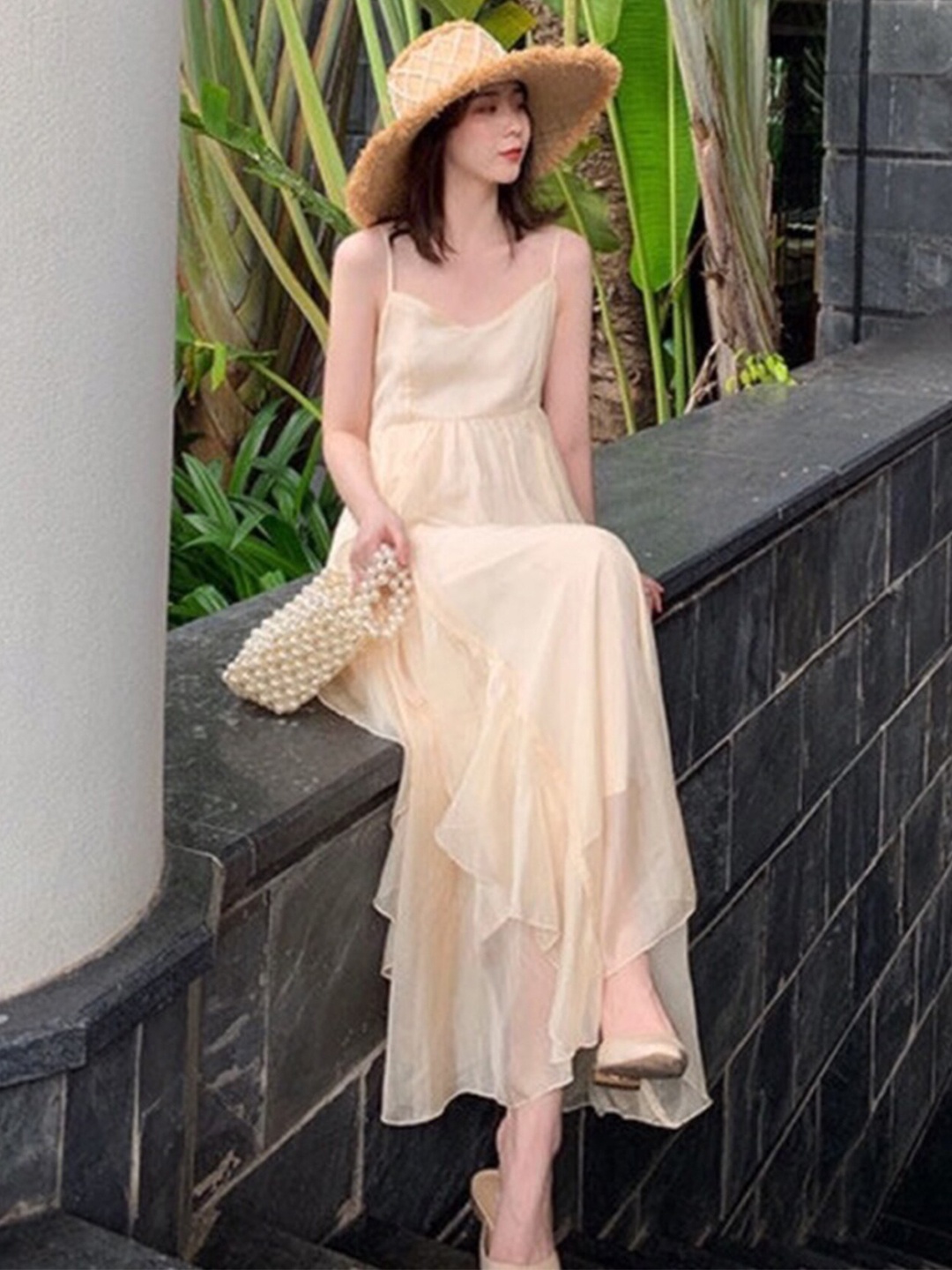 

LULU & SKY Shoulder Straps Layered Maxi Dress, Beige